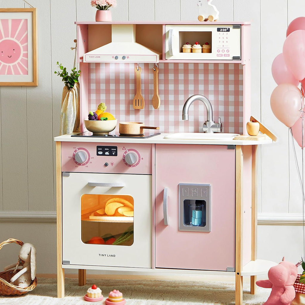 Tiny Land Kids Kitchen Playset, Height Adjustable Wooden Play Kitchen Set w/Real Lights & Sounds, 18 Pcs Toy Food & Cookware Accessories, Ideal Role Play Toy Gift for Toddlers Girls Ages 3-8, Pink