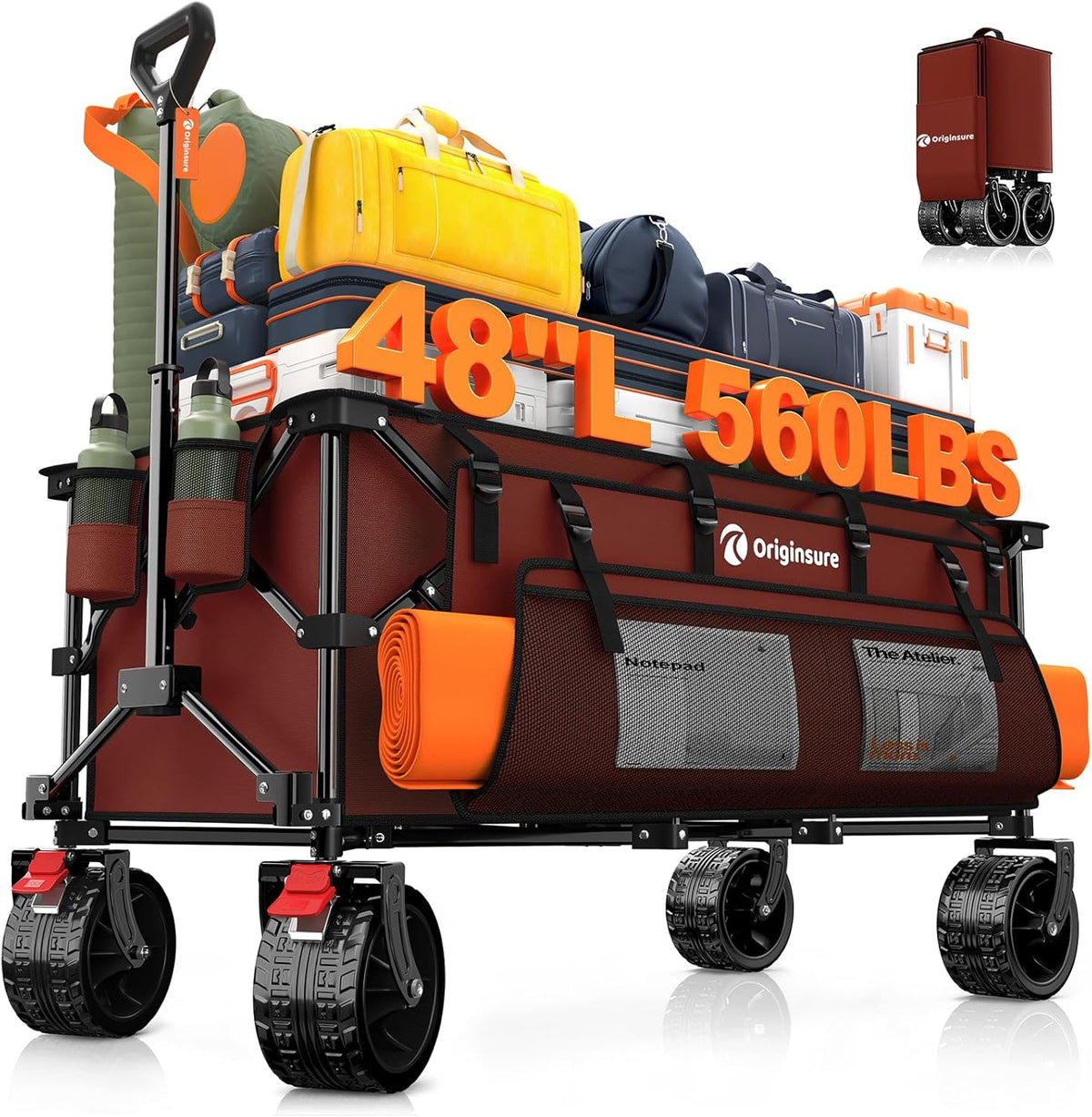 Originsure 48' L Collapsible Wagon Cart Foldable, 560lbs Weight Capacity 300L Heavy Duty Folding Beach Wagons with Big All-Terrain Wheels, Utility Carts for Groceries, Shopping, Camping, Sports-red