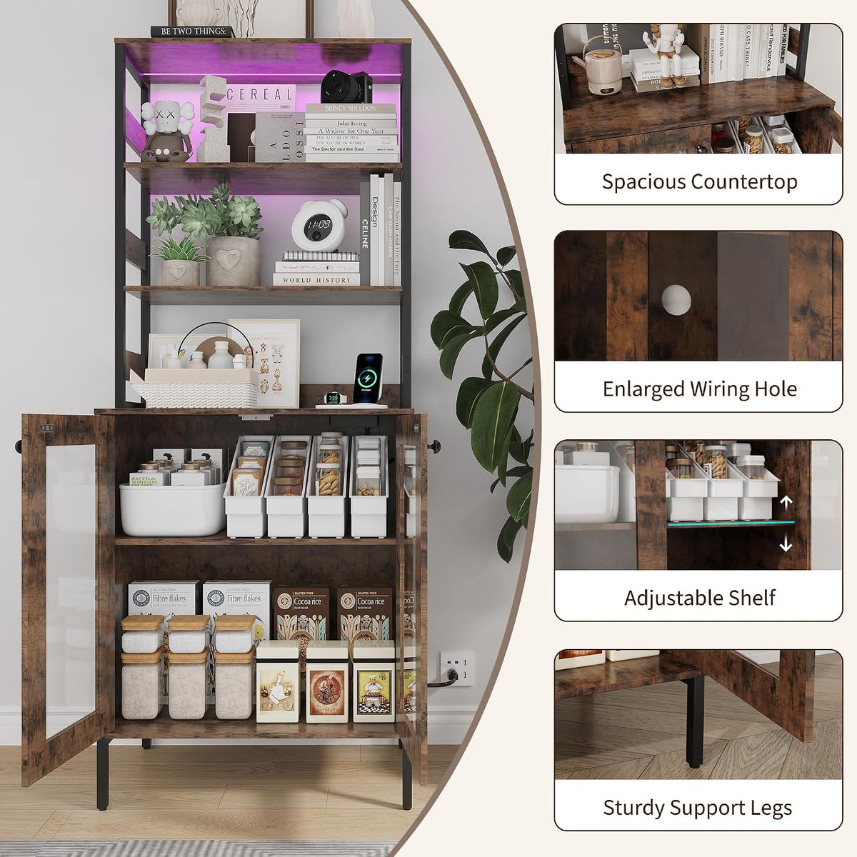IDEALHOUSE 67' Tall Wine Bar Cabinet for Liquor and Glasses,Farmhosue Coffee Bar Cabinet,Pantry Storage with RGB LED Lights,Power Outlet,Adjustable Shelves,for Home,Dining Room,Kitchen(Brown)