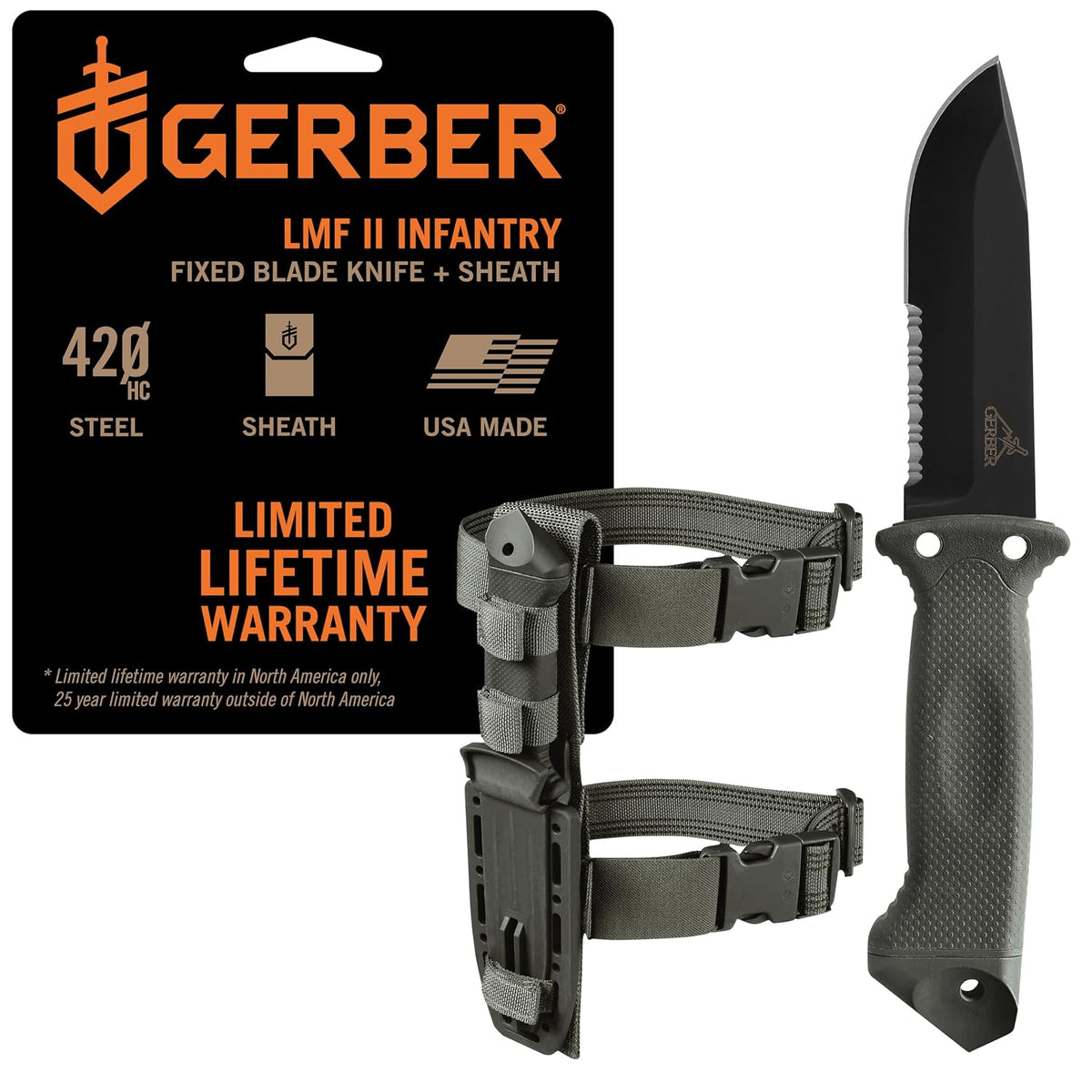 Gerber Gear LMF II Infantry Survival Knife, Made in USA Military Grade Tactical Fixed Blade with Serrated Edge, Shock Absorbing Handle, Molle Sheath and Sharpener, Green