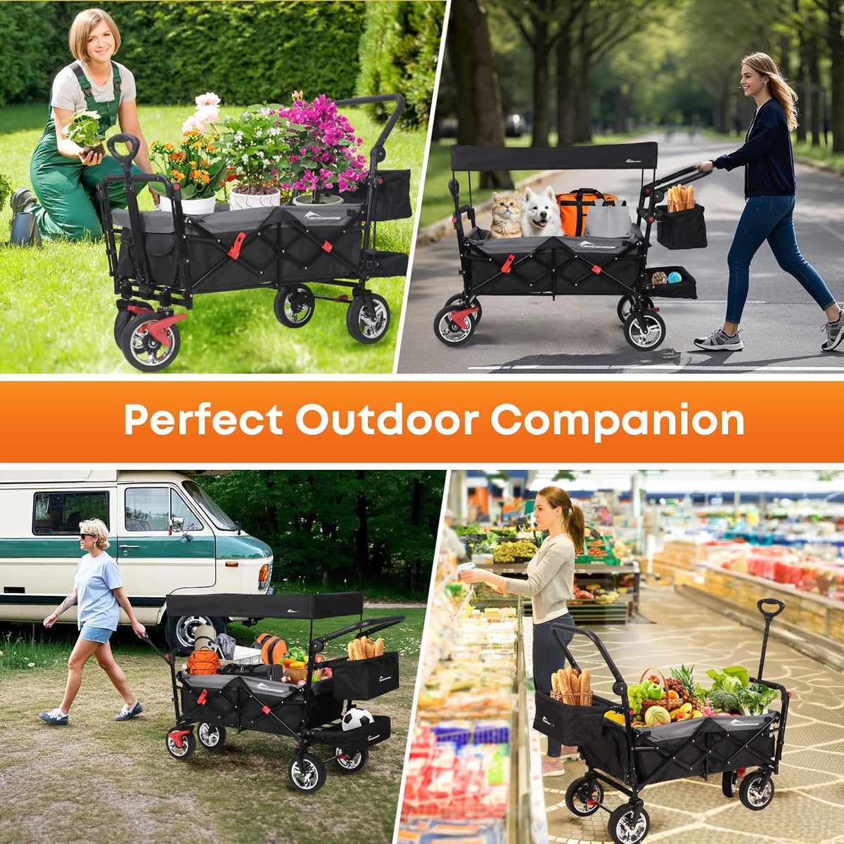 Wagon Stroller with Canopy,330lbs Cart, Collapsible Foldable Garden Cart- with Adjustable Push Pulling Handles Outdoor Utility Wagon for Beach Garden Camping, Black
