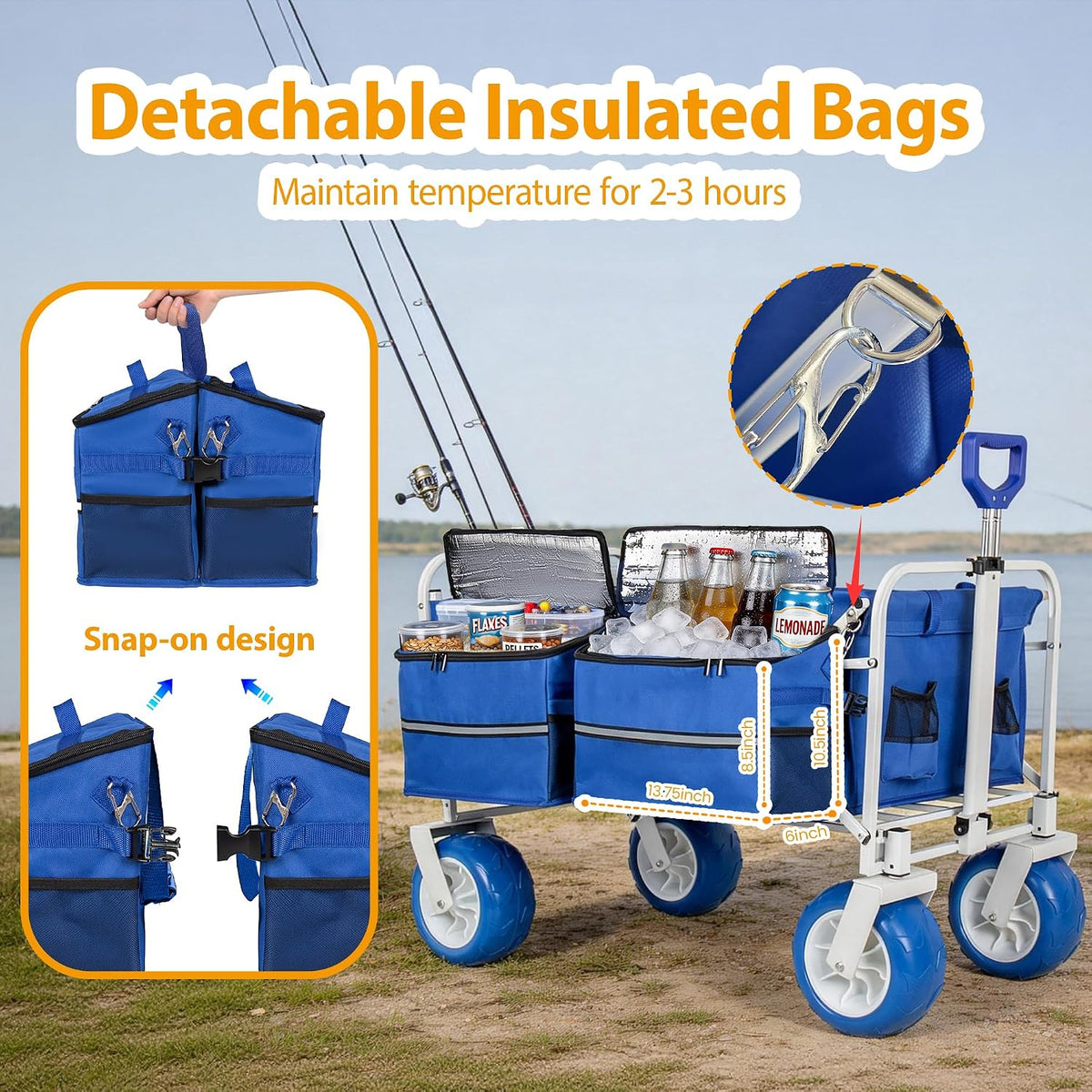 Beach Fishing Wagon Cart with All-Terrain Big Wheels, 500lbs Load, Heavy Duty Wagons Carts Foldable with Removable Cooler & Storage Bags for Shopping Garden Sports Camping Outdoor (Blue3)