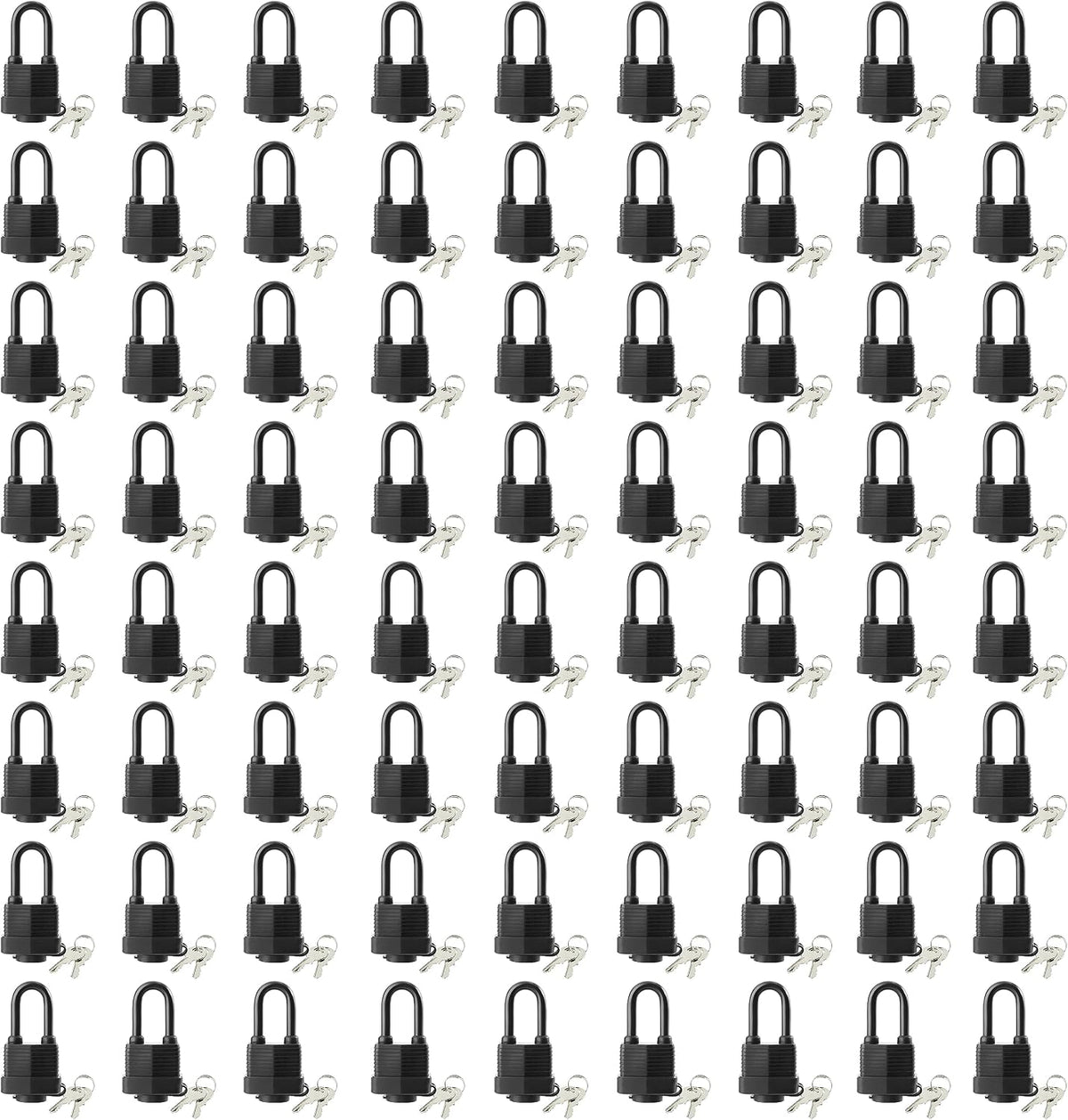 SafiSwords Waterproof Padlocks Keyed Alike for Outdoor use, Covered Heavy Duty Laminated Steel Lock, 1-9/16 Inch. Wide, Long Padlock, Bulk Locks with Same Keys, Pack of 72