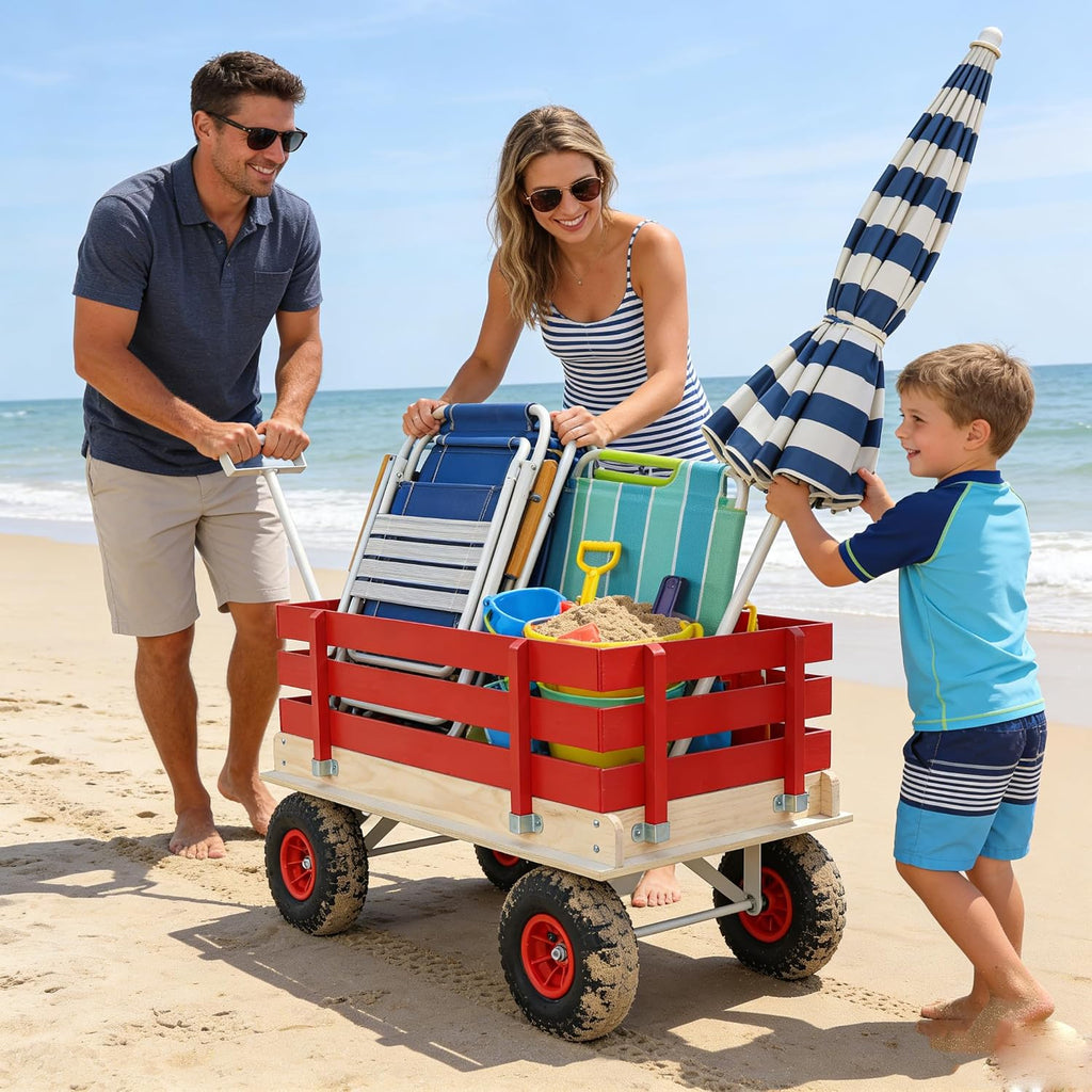 Garden Cart with Removable Side Panels, 176 lbs Capacity - Heavy-Duty Steel Yard Cart with Pneumatic Tires, Ideal for Gardening, Beach Use, and More (Red-White Handle)
