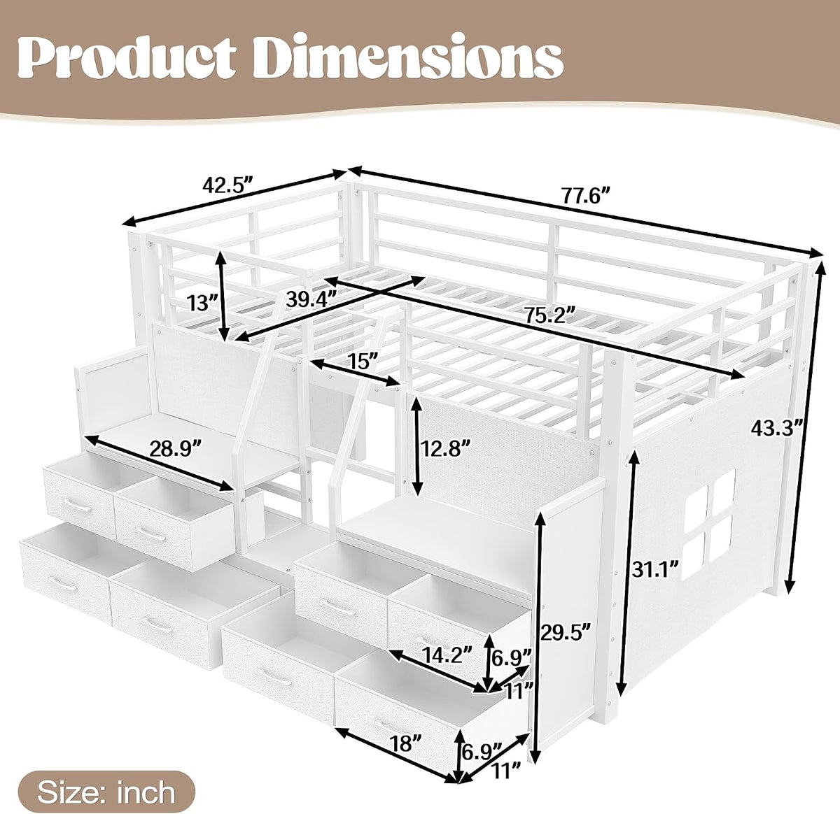 Metal Low Loft Bed with 8 Drawers & Storage Shelves, Heavy Duty Loft Bed Frame with LED Light, Playhouse Bed for Kids, Boys & Girls, White