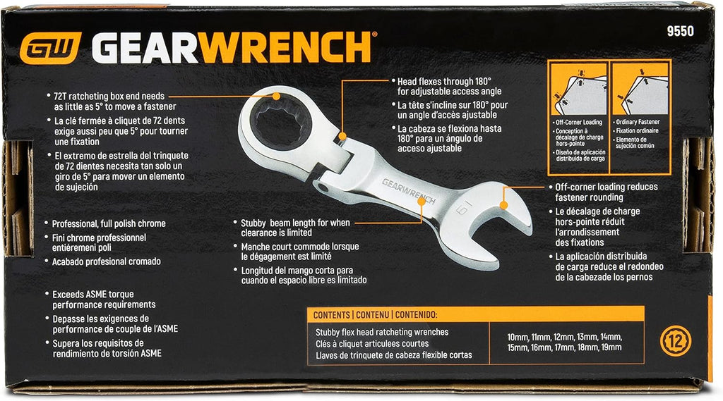 GEARWRENCH 10 Pc. 12 Pt. Stubby Flex Head Ratcheting Combination Wrench Set, Metric - 9550