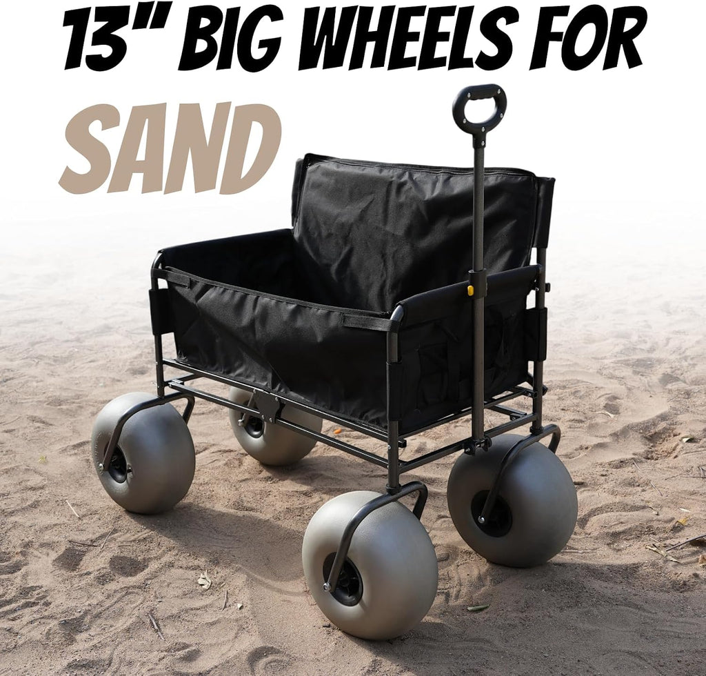 Beach Wagon with 13'' Balloon Wheels, Foldable Cart Converts into a 2-Person Sofa for Adults, Wheel Chair Wagon Bench Love Seat Combo with Big Wheels for Sand