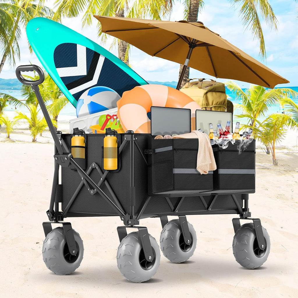Beach Wagon with Big Wheels for Sand Heavy Duty Collapsible Wagon with 9' All Terrain Inflatable Tires, Foldable Beach Cart for Camping Outdoor Grocery Shopping Garden Sports