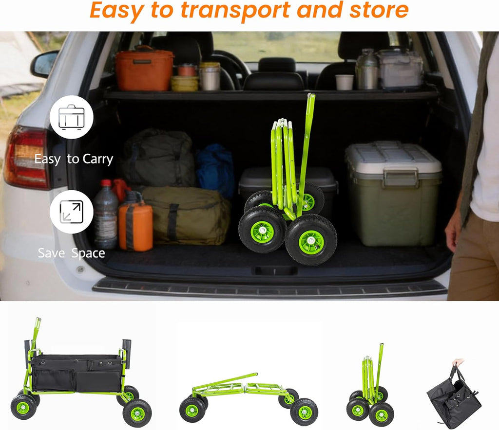 Fishing Cart Beach Cart Collapsible Wagon with 9.85' All-Terrain Wheels for Sand, Heavy Duty Foldable Utility Cart 550LBS Capacity with Rod Holders for Camping, Garden, Grocery, Outdoor Sports(Green)