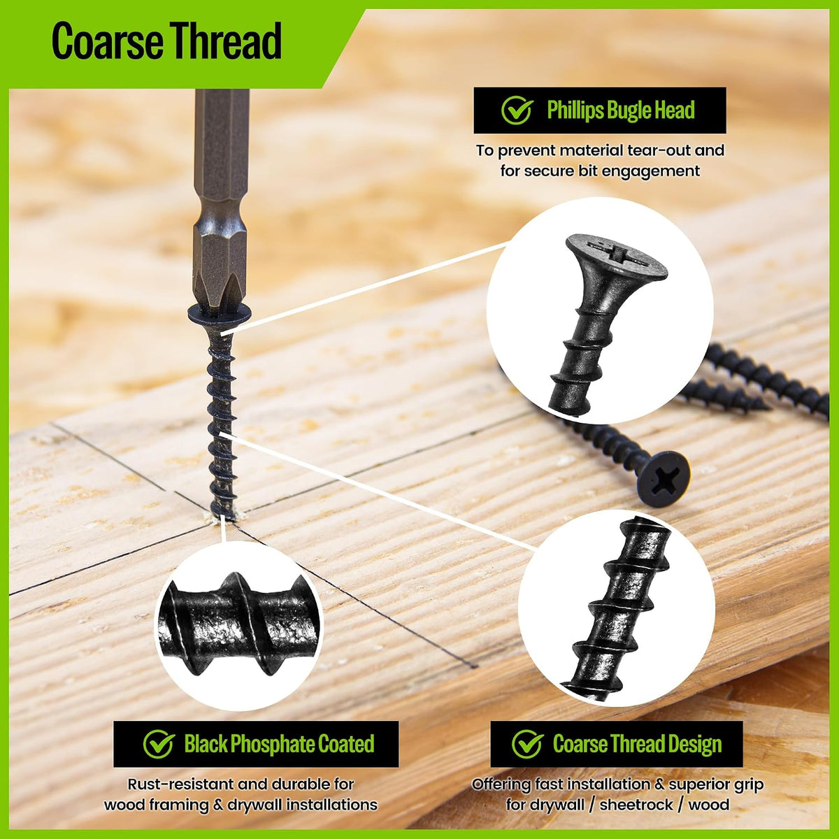 meite Drywall Screws, #7 x 2 Coarse Thread Wood Screws for Drywall, Black Sheetrock Screws, Phosphate Finish Phillips Drive Dry Wall Screws (8-Box Bulk Pack)