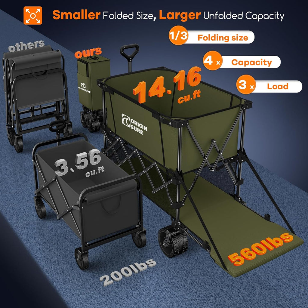 Originsure 400L Double Decker Wagon Collapsible with 54' L Tailgate, 560lbs Heavy Duty Carts Foldable, Extra Large Folding Beach Wagon with Big All-Terrain Wheels for Camping, Sports, Groceries, Green
