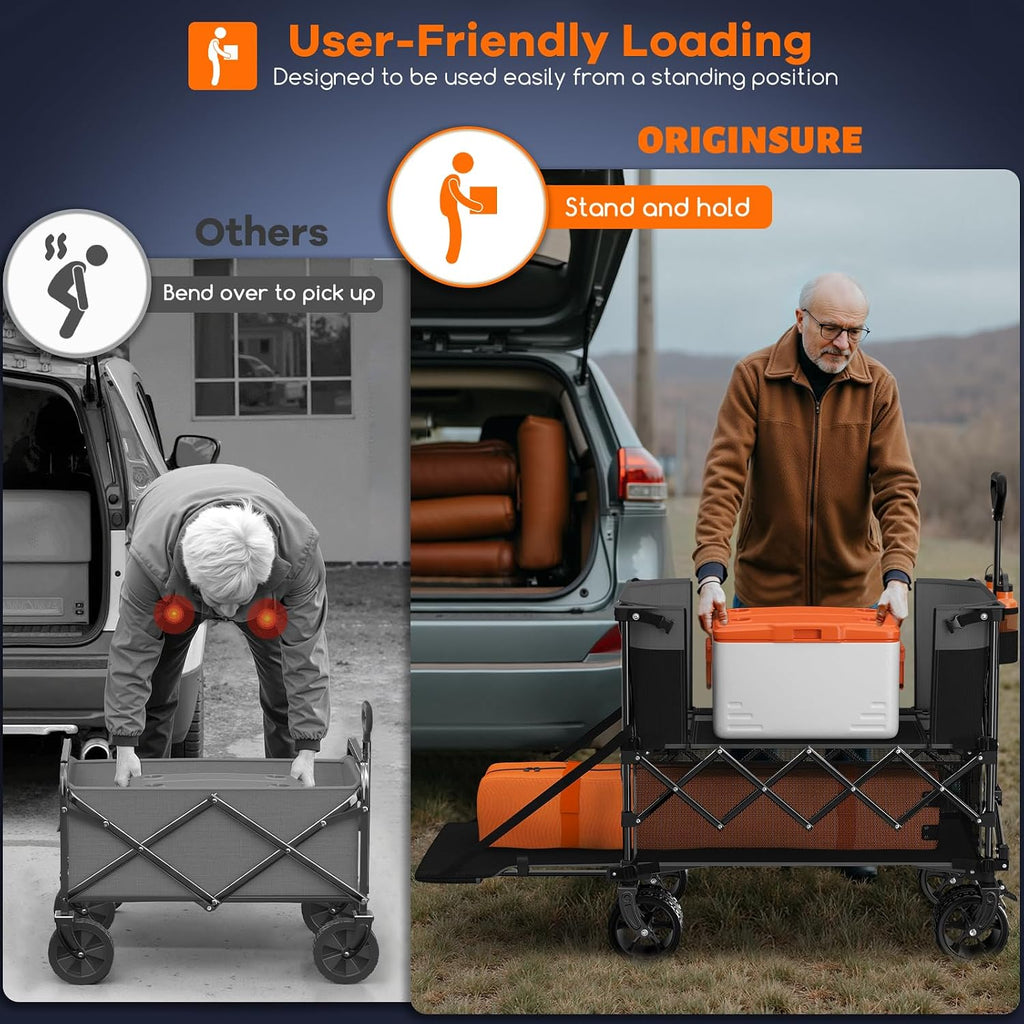 Originsure 400L Double Decker Wagon Collapsible with 54' L Tailgate, 560lbs Heavy Duty Carts Foldable, Extra Large Folding Beach Wagon with Big All-Terrain Wheels for Camping, Sports, Grey&Black