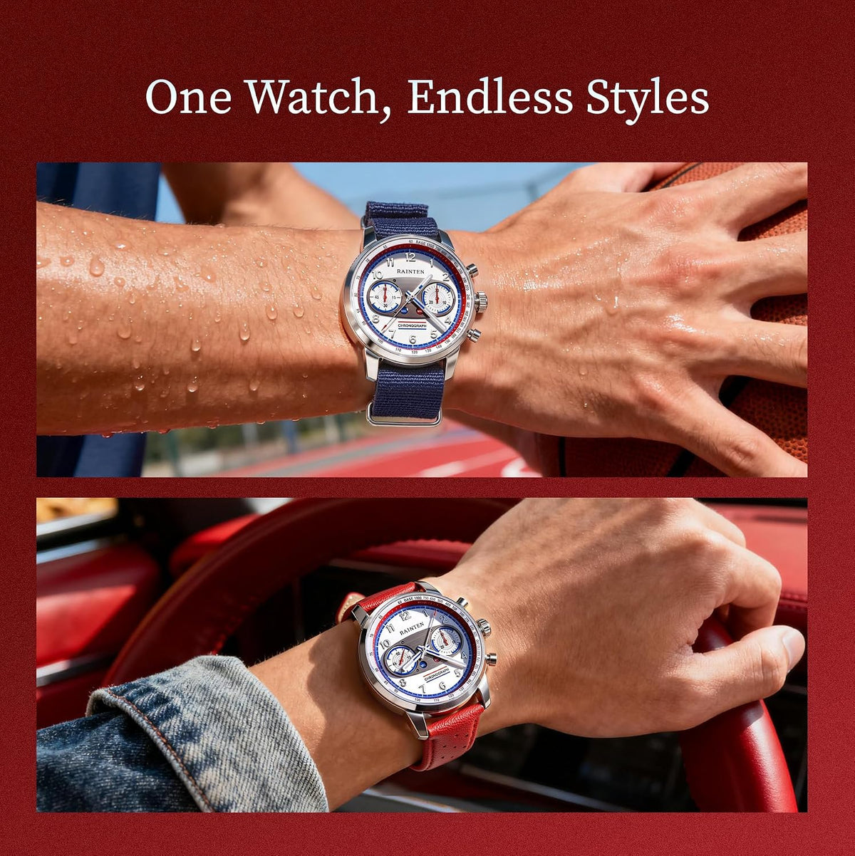 RAINTEN Chronograph Watch, Mechanical Watch for Men, Case 40mm, Seagull St19 | Stainless Steel with Genuine Leather Strap and Sapphire Crystal, Nylon Strap, Gifts- R9032, R9031B, R9031, R9031A