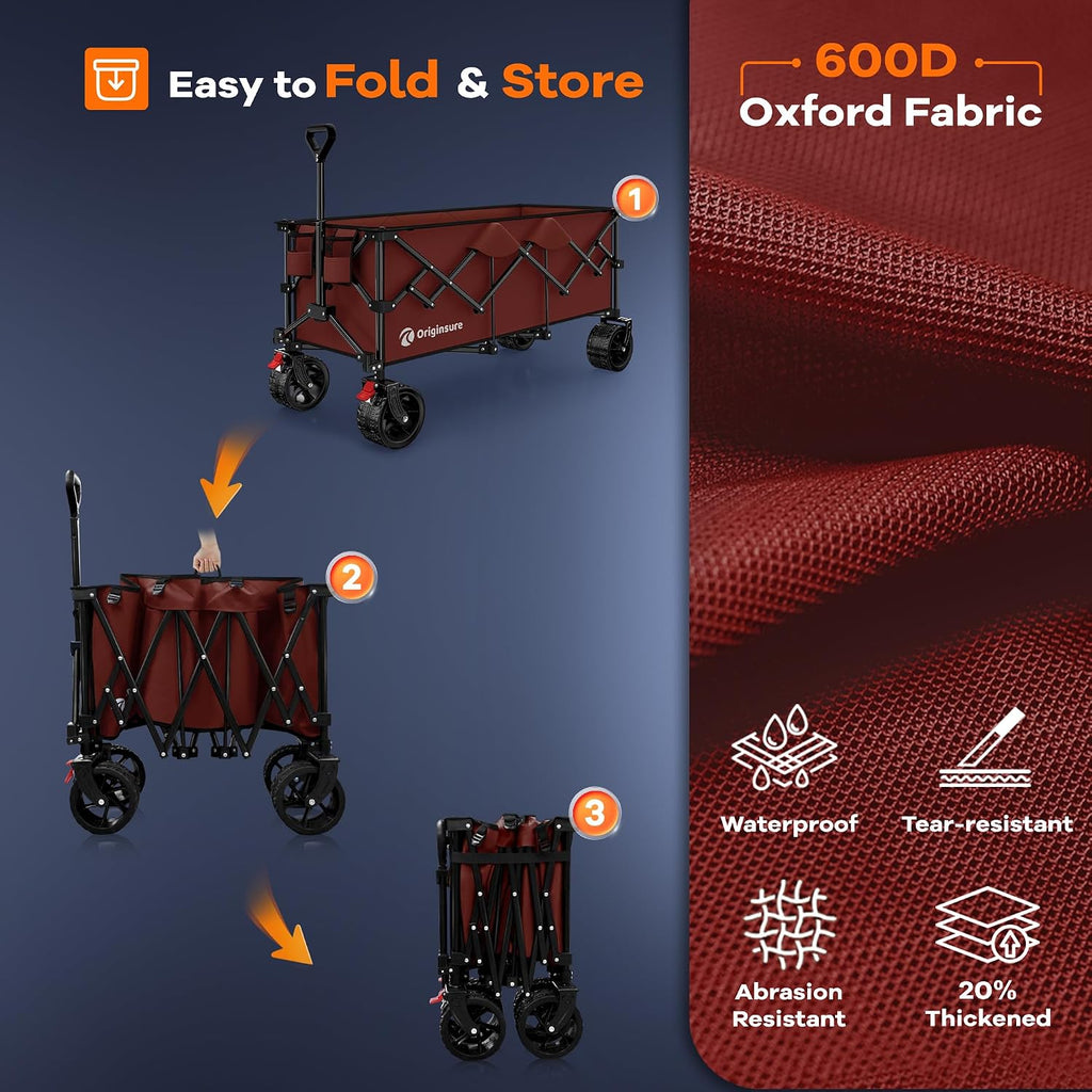 Originsure 48' L Collapsible Wagon Cart Foldable, 560lbs Weight Capacity 300L Heavy Duty Folding Beach Wagons with Big All-Terrain Wheels, Utility Carts for Groceries, Shopping, Camping, Sports-red