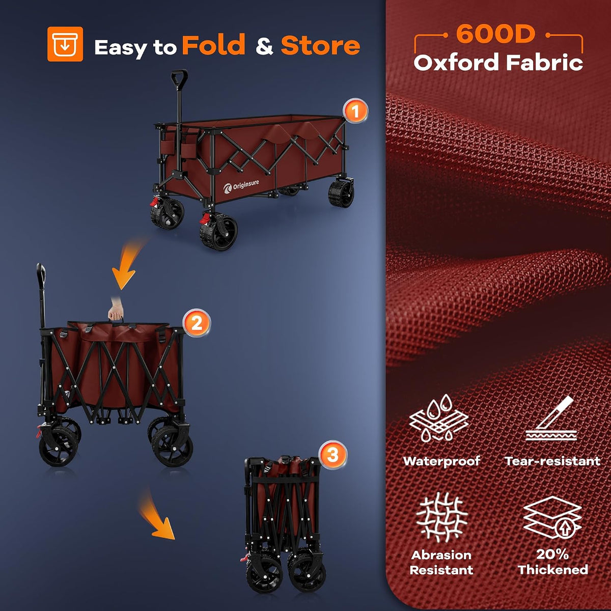Originsure 48' L Collapsible Wagon Cart Foldable, 560lbs Weight Capacity 300L Heavy Duty Folding Beach Wagons with Big All-Terrain Wheels, Utility Carts for Groceries, Shopping, Camping, Sports-red