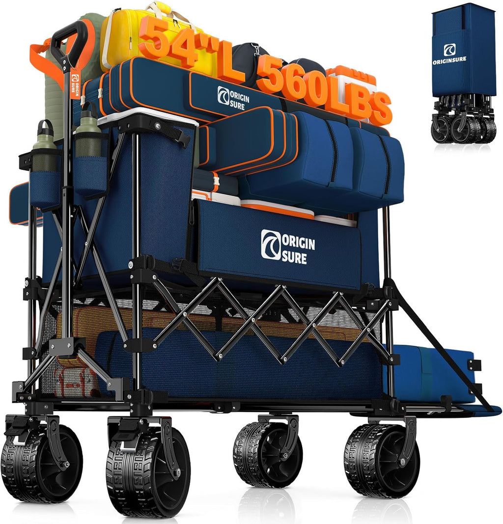 Originsure 400L Double Decker Wagon Collapsible with 54' L Tailgate, 560lbs Heavy Duty Carts Foldable, Extra Large Folding Beach Wagon with Big All-Terrain Wheels for Camping, Sports, Groceries, Blue