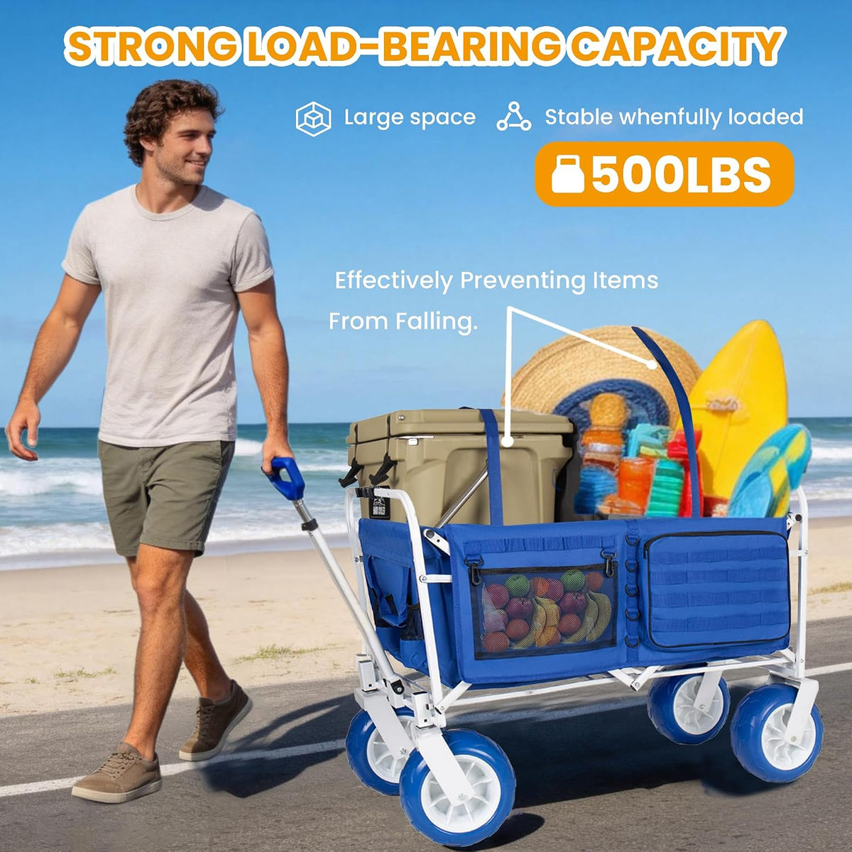 500lbs Heavy-Duty Beach Wagon Cart.9 All-Terrain Wheels,Adjustable Handle,Folding Chair Racks,Insulated Cooler Bags &Multi-Pocket Storage for Beach,Camping &Outdoor Sports.Collapsible Utility Wagon