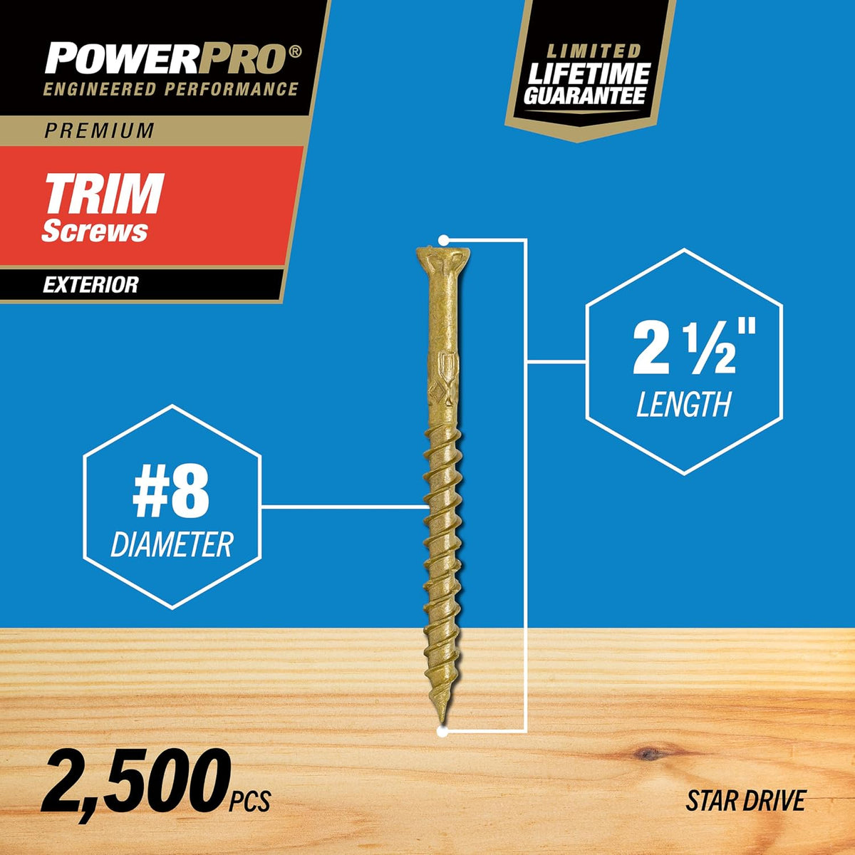 Power Pro Premium Exterior Wood Screws, #8 x 2-1/2'Inch All-Purpose Deck Screws for Outdoor Projects, T-25 Star Bit Included, Bronze, 2500 Pieces | 967886V4