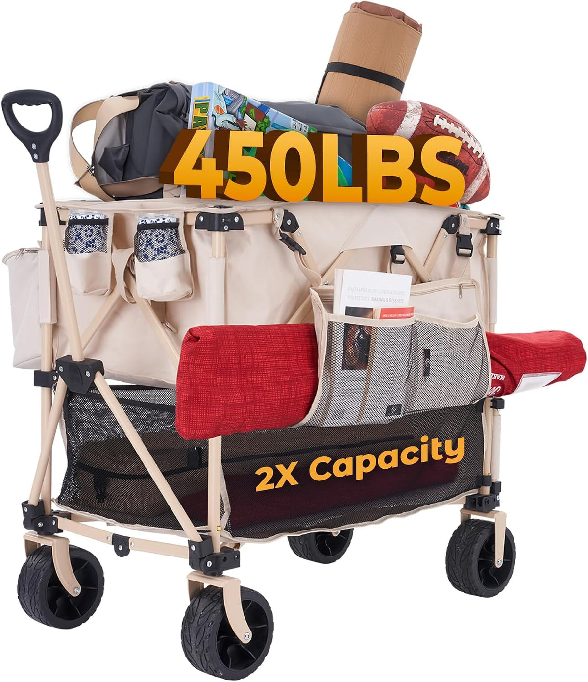 Camphor Designs 400L Collapsible Folding Double Decker Beach Wagon |Heavy Duty Utility Cart Extender|Supports 450lbs|All-Terrain Big Wheels with Breaks for Sports Camping (Beige/Beige)