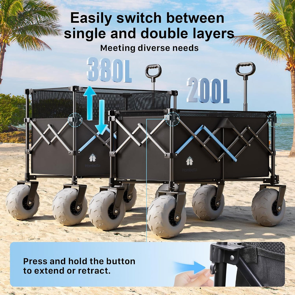 Beach Wagon with Big Wheels for Sand, 450LBS Heavy Duty Foldable Collapsible Wagons Carts with 9' All Terrain Inflatable Tires, Adjustable Capacity 200L–380L for Groceries, Camping, Sports