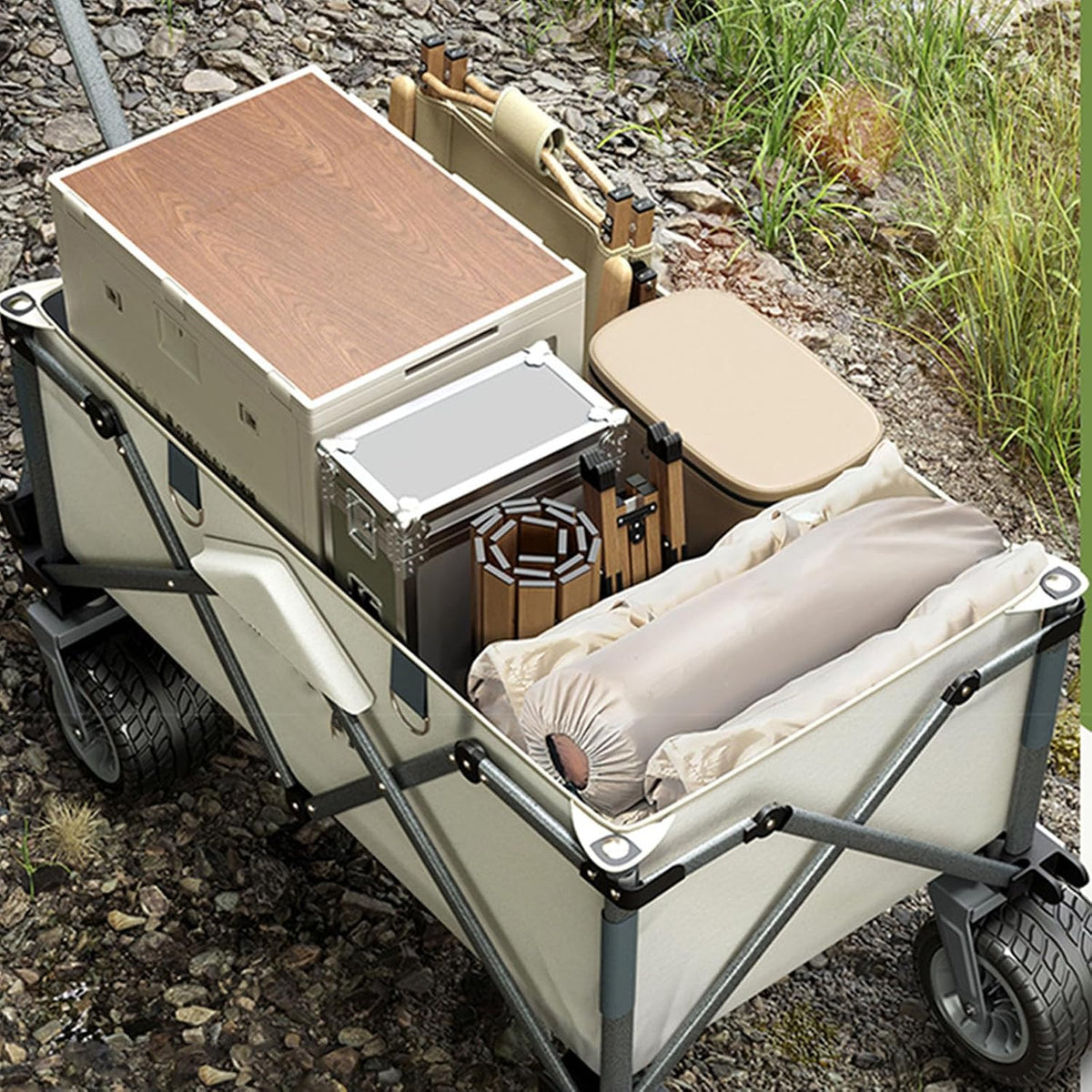 Bgarden Carts,Collapsible Wagon,Sports Outdoor Utility Wagon Folding Garden Wagon Sports Steel Frame Foldable Yard Car Off-Road Wheels with Brakes Folding Board Camping Cart
