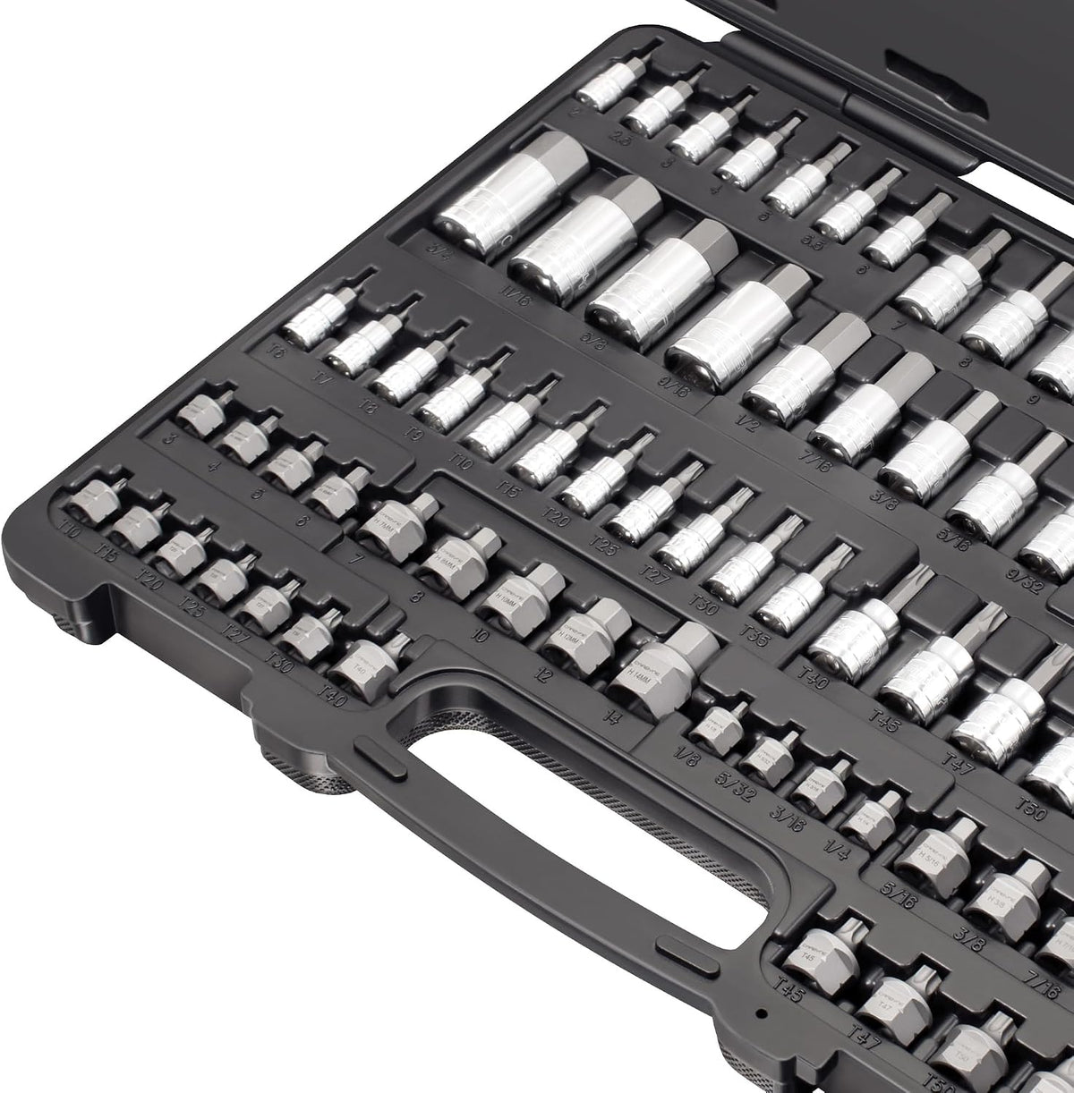 CARBYNE 80-Piece Master Torx, SAE Hex (Allen) and Metric Hex (Allen) Bit Socket Set with 30 Stubby Low Profile Super Short, S2 Steel Bits, CrV Sockets, 1/4 3/8 1/2 in. Drive, Durable Case