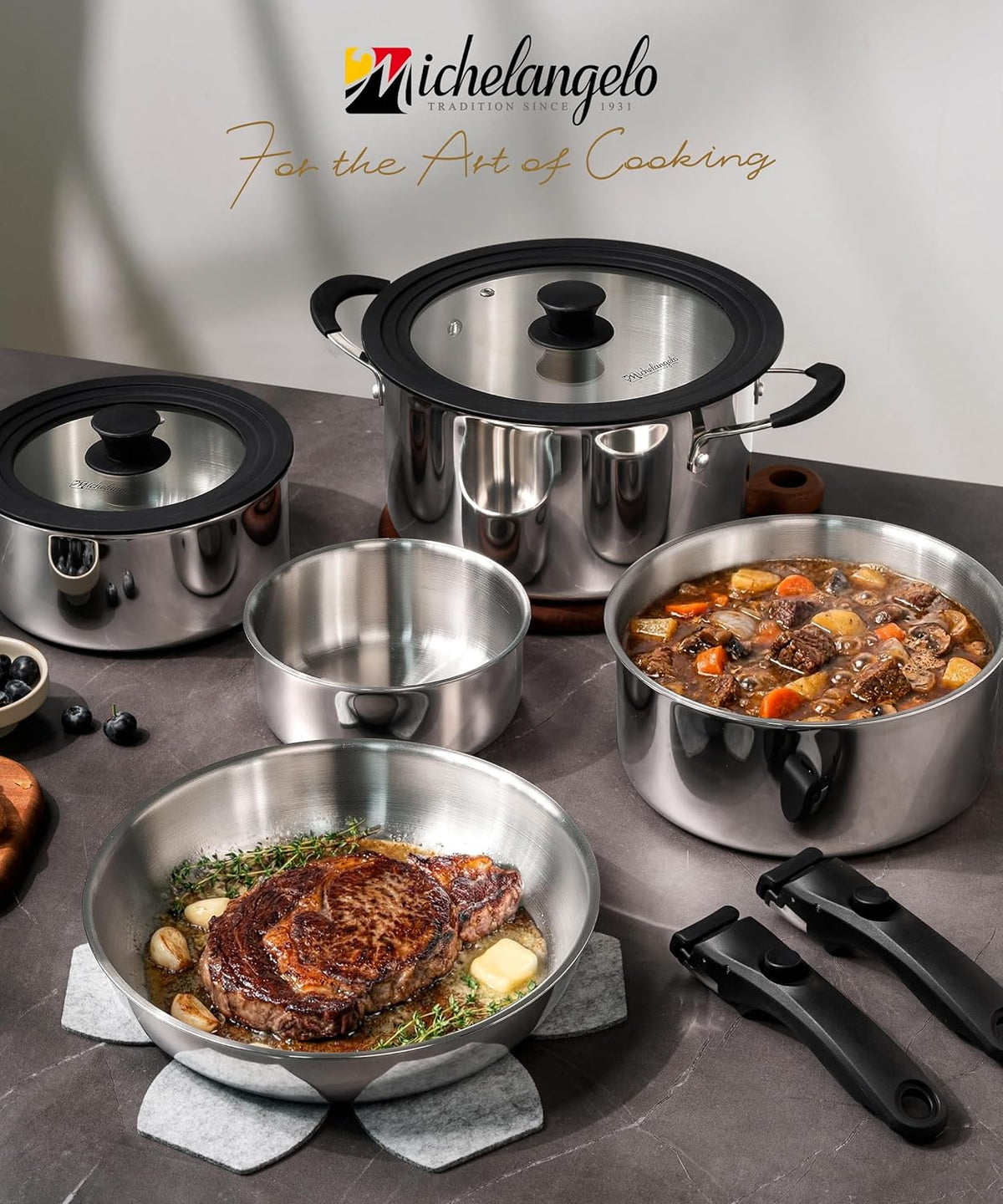 Michelangelo 14pcs Tri-Ply Stainless Steel Cookware Set with Detachable Handles, Stackable Pots and Pans Set for RVs, Small Kitchens & Apartments, Induction Compatible, Oven Safe, No Coating & No PFAS