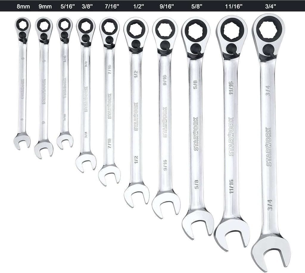 STARWORK TRUE MECHANIC™ 20 Pc. Reversible Ratcheting Wrench Set, Combination Ratchet Wrench Set, Non-Slip, Long Pattern, 6-Point 15° Offset, Professional, SAE/Metric (5/16-3/4' & 8-19 mm)