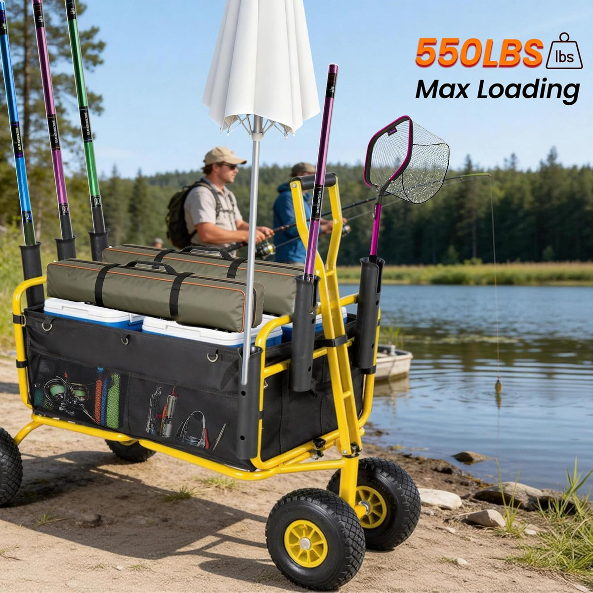 Fishing Cart Beach Cart Collapsible Wagon with 9.85' All-Terrain Wheels for Sand, Heavy Duty Foldable Utility Cart 550LBS Capacity with Rod Holders for Camping, Garden, Grocery, Outdoor Sports(Yellow)
