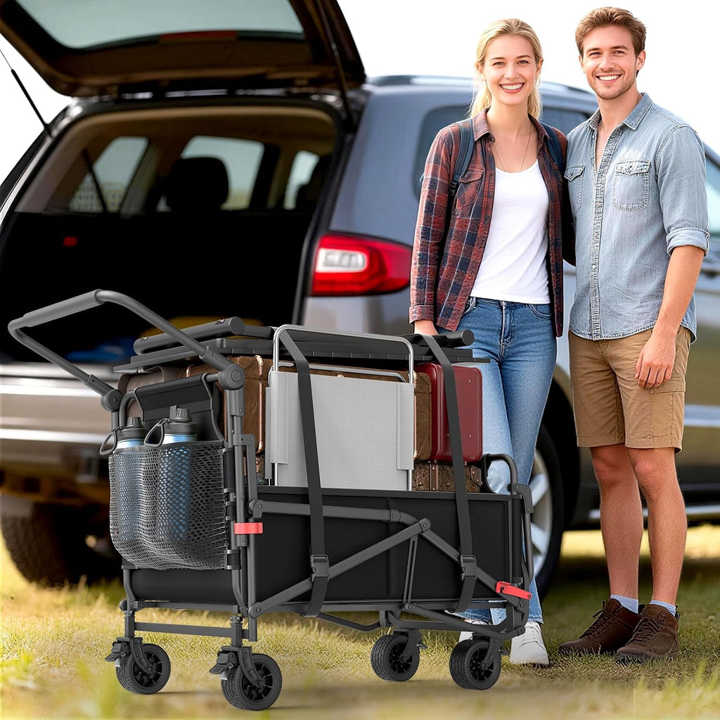 LEVELEVE Heavy Duty Folding Wagon - 2-in-1 Collapsible Cart, 400lb Capacity, All-Terrain Wheels w/Brakes & Side Pockets (Black)