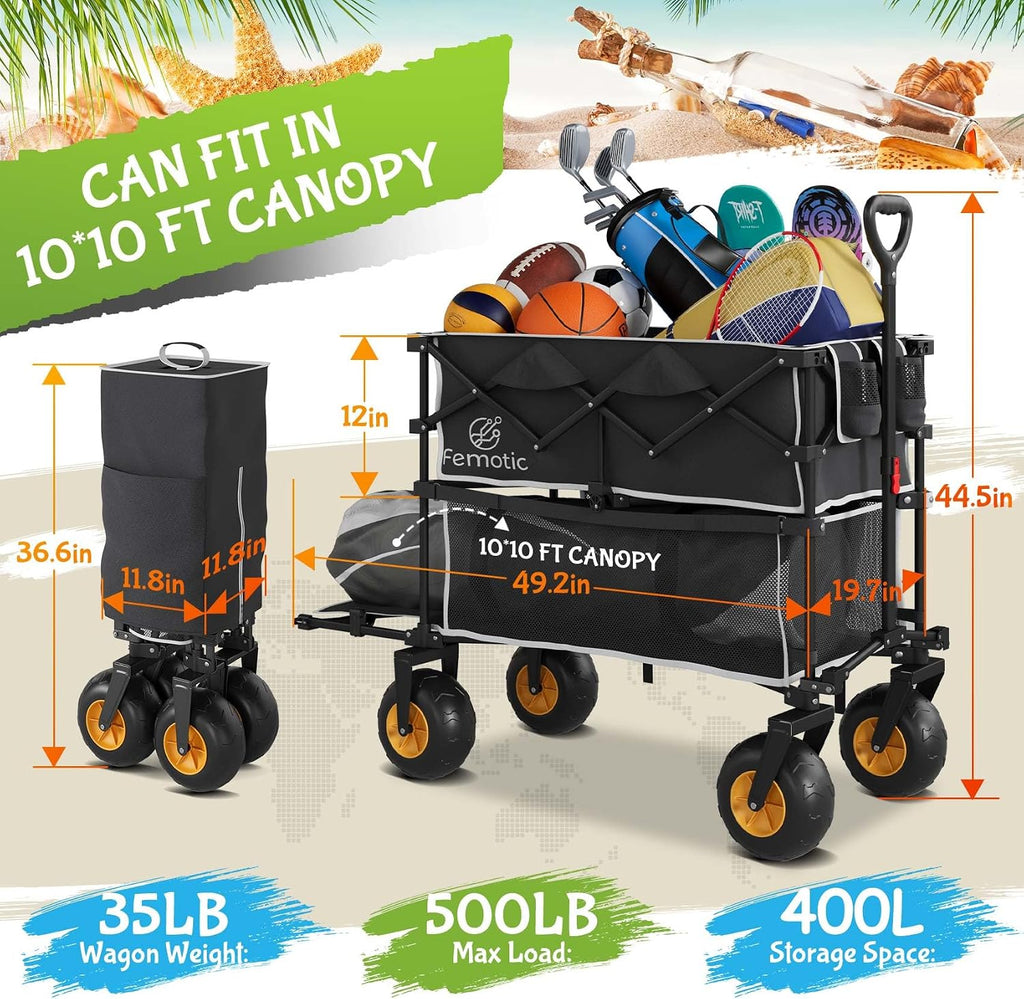 Beach Wagon with Big Wheels for Sand,Heavy Duty Double Decker Wagon with Extender,400L Extra Large Foldable Wagon Cart with 9' All Terrain Inflatable Tires,for Beach Camping Garden and Sports, Black