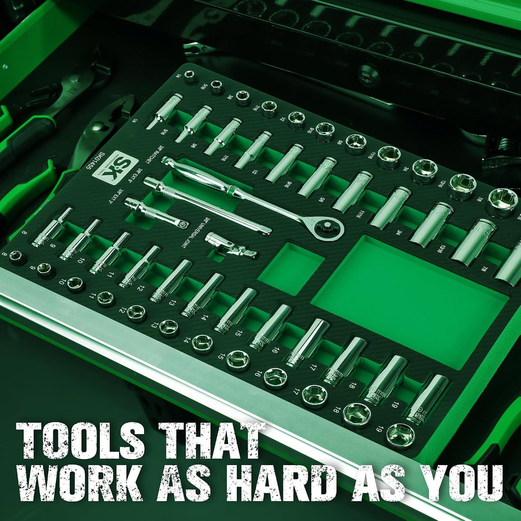 SK Tools USA 3/8' Drive, 51 Piece, 6 Point, Standard & Deep, SAE & Metric Chrome Socket Set | SK01455-216P