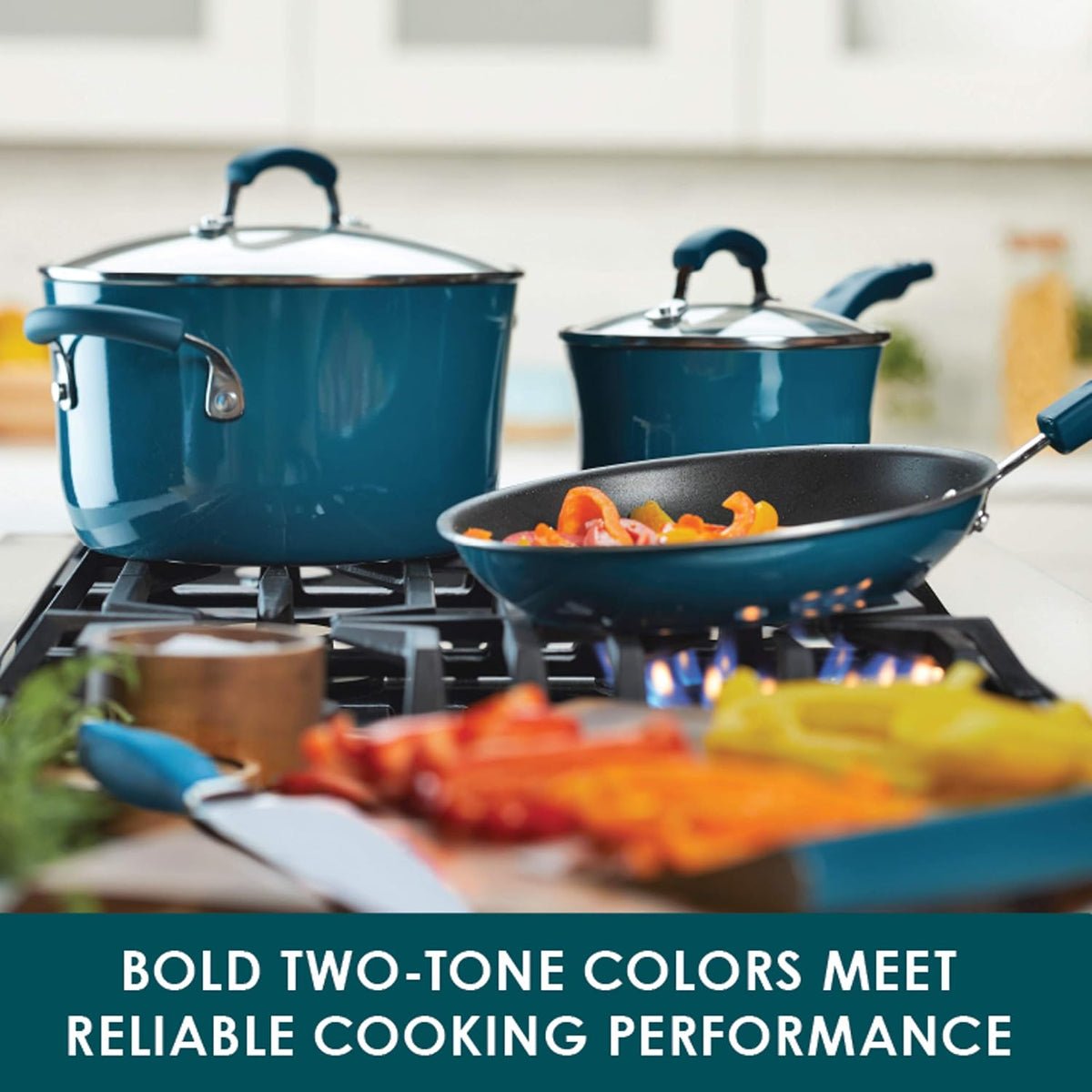 Rachael Ray Brights Nonstick Cookware Pots and Pans Set, 10 Piece, Marine Blue