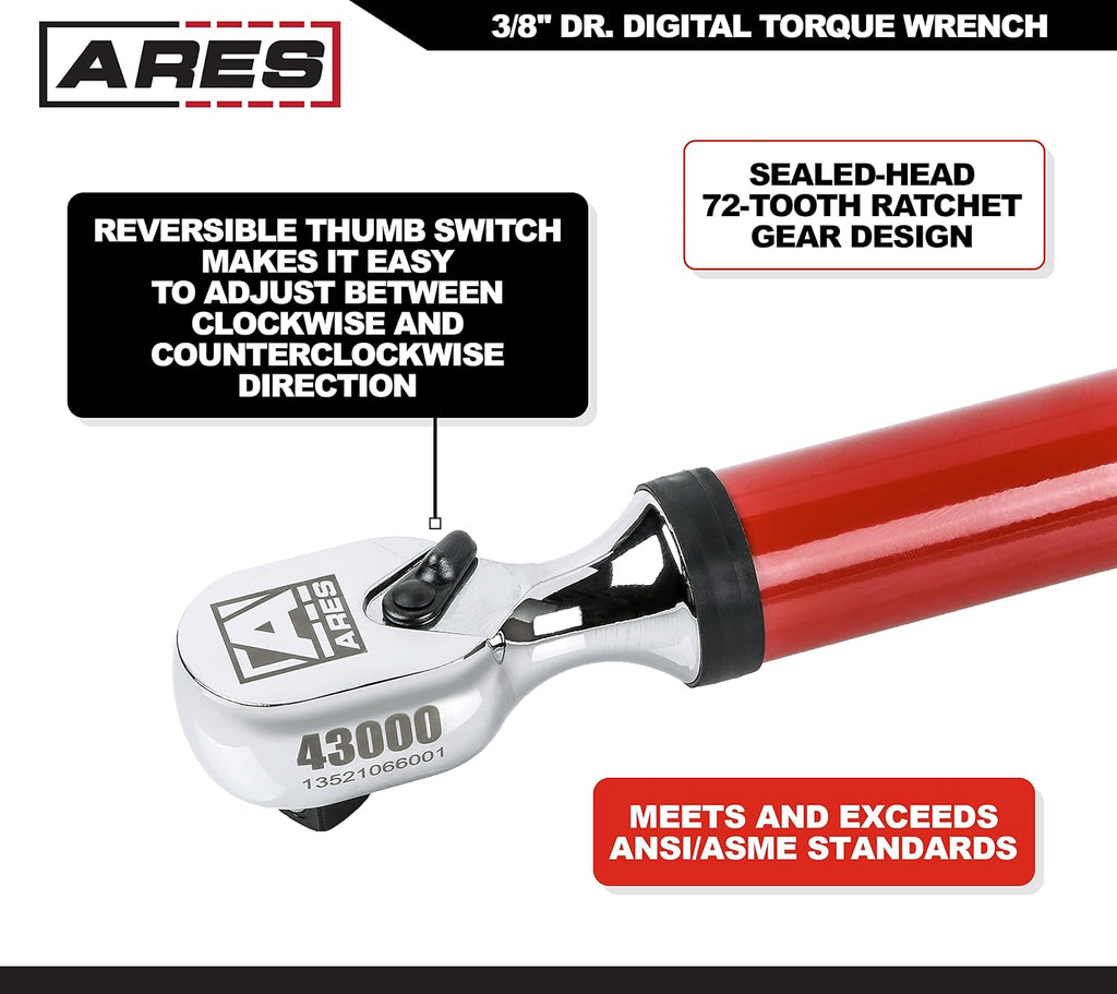 ARES 43000-3/8-Inch Drive Electronic Digital Torque Wrench - 7.4-99.6 ft/lbs (10-135Nm) - Reversible Sealed Head - Multi-Alert System Prevents Over-Torquing