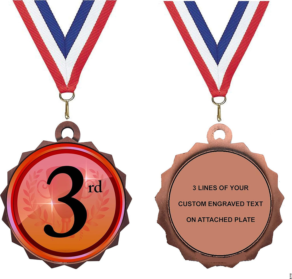 Express Medals 1 to 50 Packs of Engraved 3rd Place Bronze Medal Trophy Award with Neck Ribbon & Attached Engraved Plate on Back LAZD214-EG303