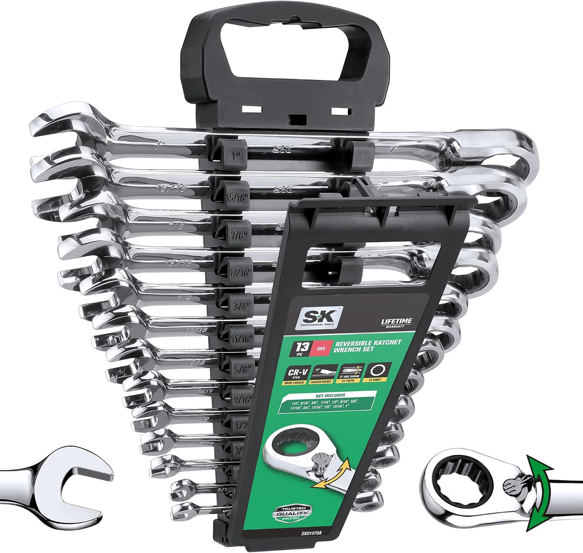 SK Reversible Ratcheting Wrench Set, Combination Wrench Set, 13-Piece, SAE 1/4' to 1', 72-Tooth, Premium CR-V Construction, with Rack Organizer