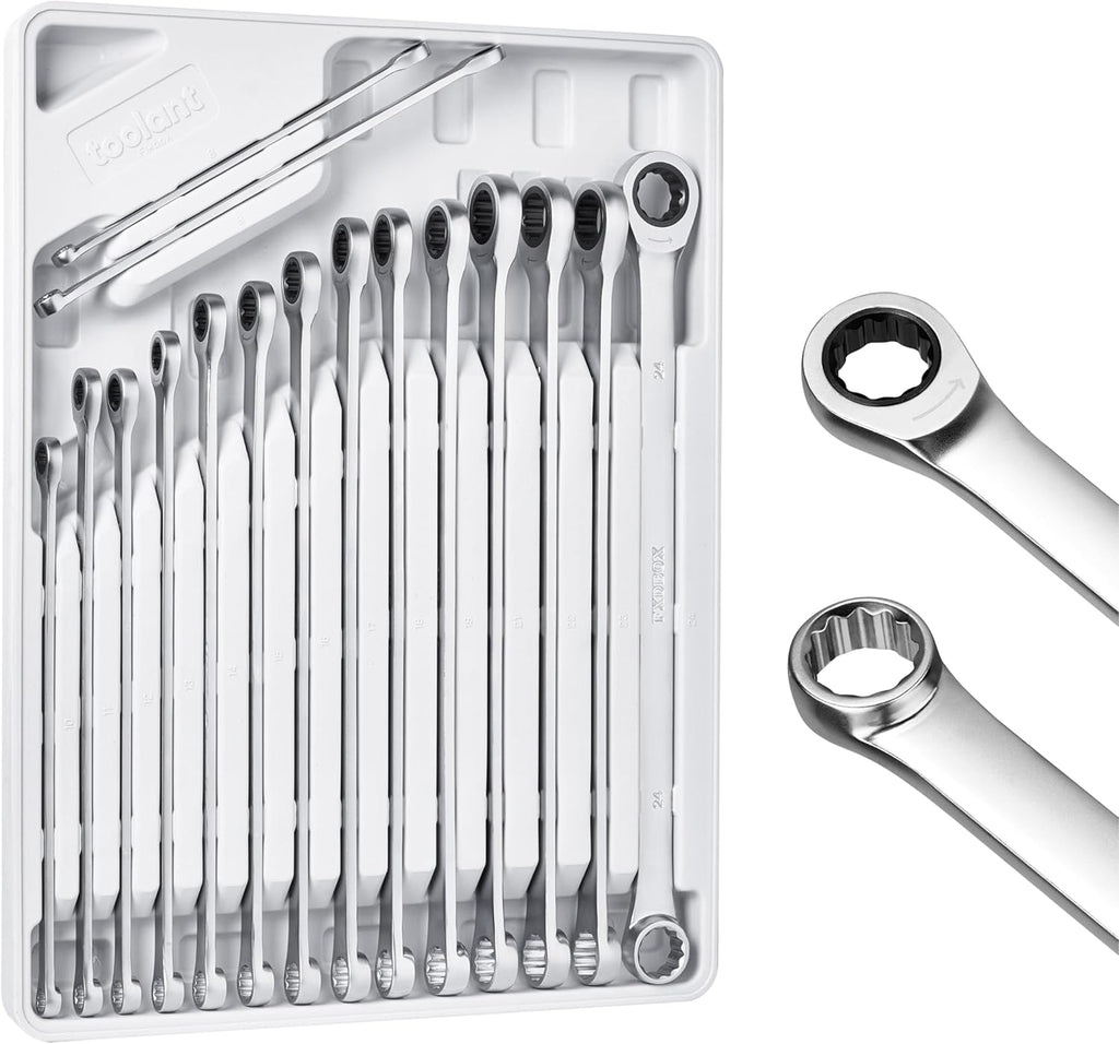 toolant 16pcs Extra Long Ratcheting Wrench Set, Offset Head Double Box-End Ratcheting Wrench Set, 8-24mm Metric Set, 90-Tooth and 4° Swing, with Storage Tray