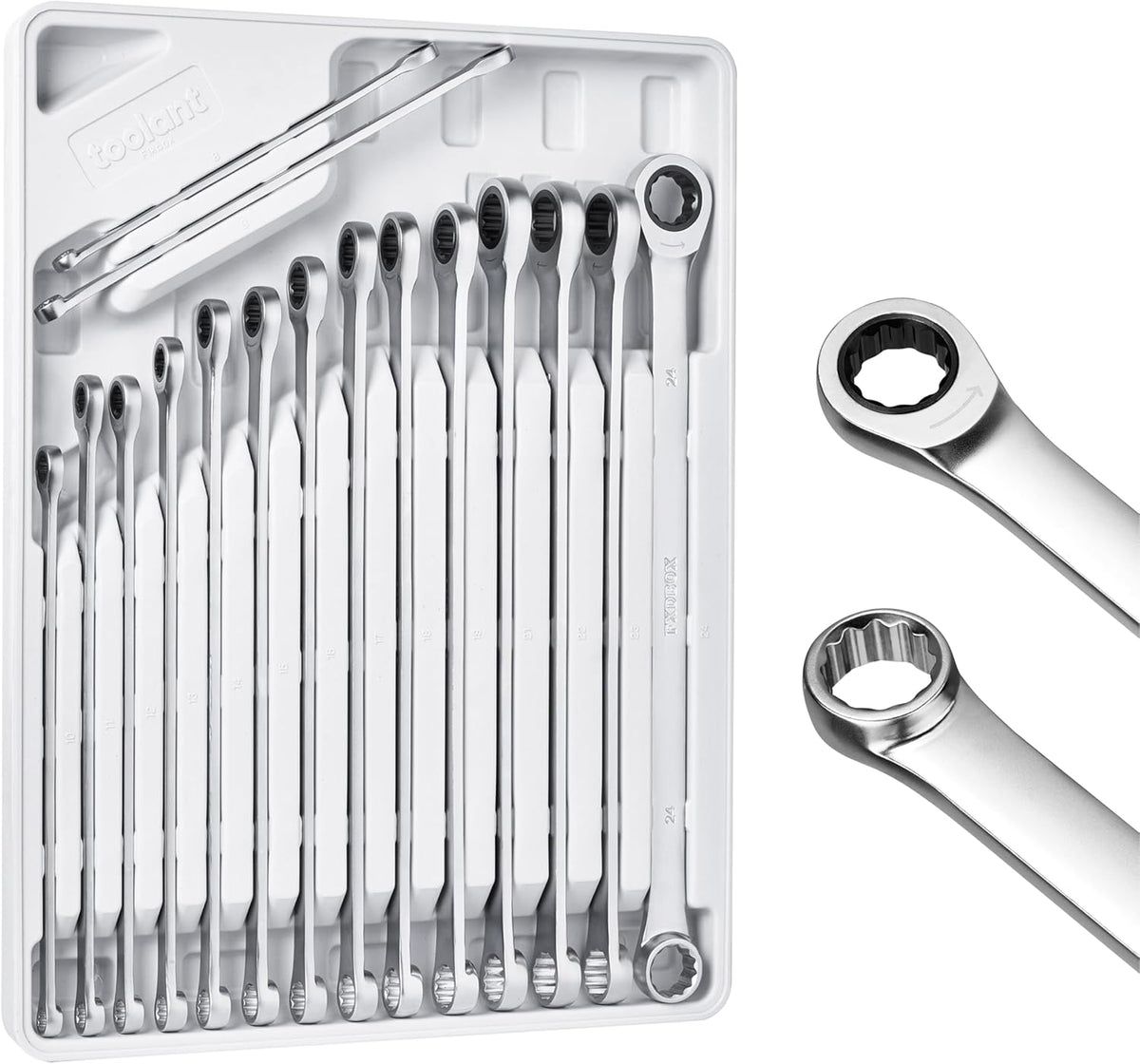 toolant 16pcs Extra Long Ratcheting Wrench Set, Offset Head Double Box-End Ratcheting Wrench Set, 8-24mm Metric Set, 90-Tooth and 4° Swing, with Storage Tray