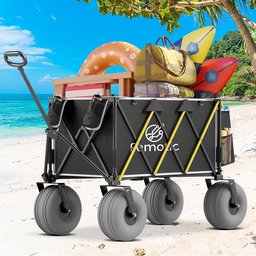 Beach Wagon with Big Wheels for Sand, 10.5' TPU All-Terrain Inflatable Wheels, Heavy Duty Folding Wagon, 150L Large Capacity, Collapsible Cart for Beach, Camping, Garden & Outdoor Sports (Black)