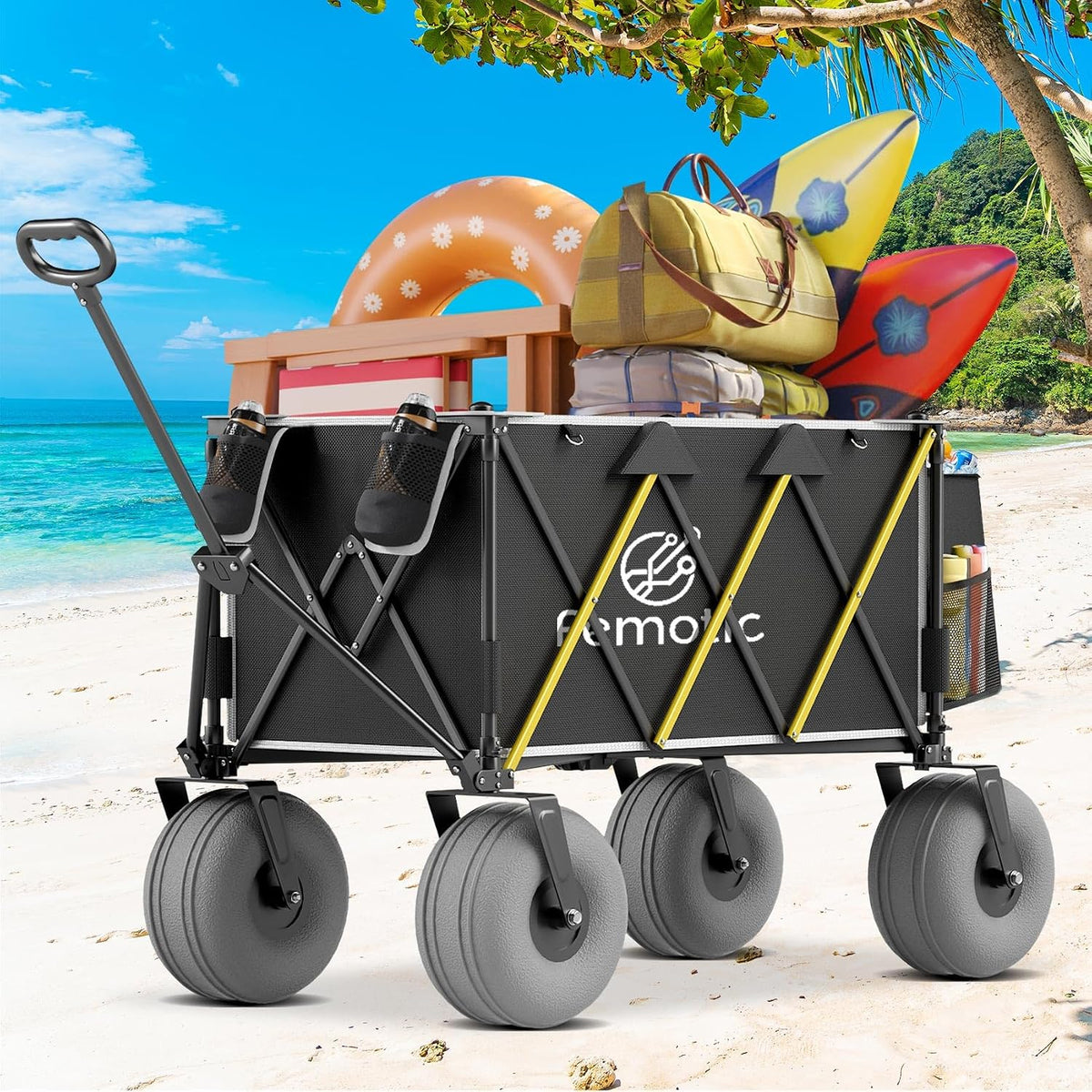 Beach Wagon with Big Wheels for Sand, 10.5' TPU All-Terrain Inflatable Wheels, Heavy Duty Folding Wagon, 150L Large Capacity, Collapsible Cart for Beach, Camping, Garden & Outdoor Sports (Black)