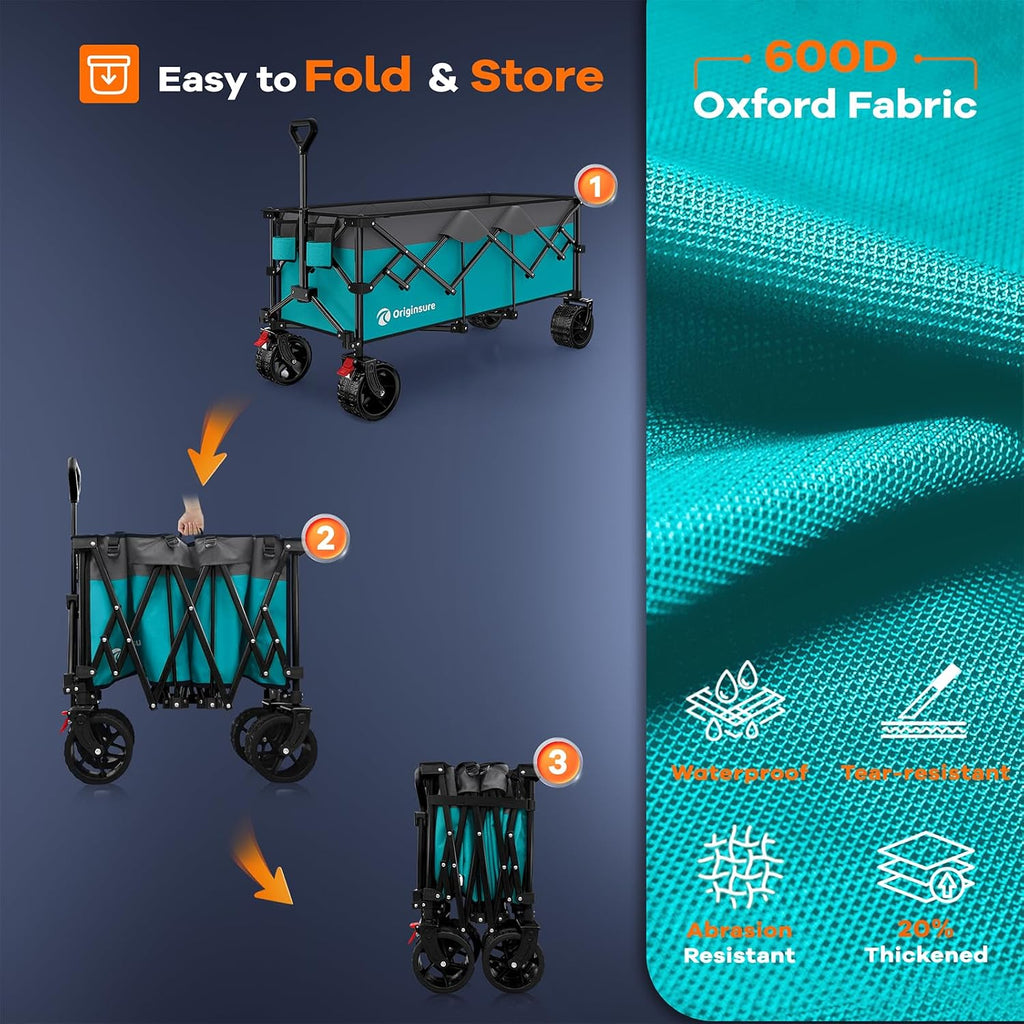 Originsure 48' L Collapsible Wagon Cart Foldable, 560lbs Weight Capacity 300L Heavy Duty Folding Beach Wagons with Big All-Terrain Wheels, Utility Carts for Groceries, Camping, Sports - Grey&Turquoise