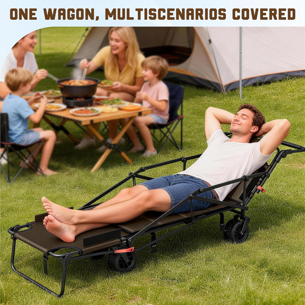 LEVELEVE Heavy Duty Folding Wagon - 2-in-1 Collapsible Cart, 650lb Capacity, All-Terrain Wheels w/Brakes & Side Pockets (Brown)