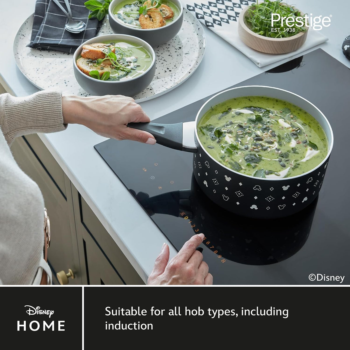 Prestige Disney Monochrome Ceramic Non Stick Saucepan Set of 3 with Lids - 16, 18 & 20cm Induction Saucepan Set, PFAS & PFOA Free, Non Toxic Cookware, Black & White