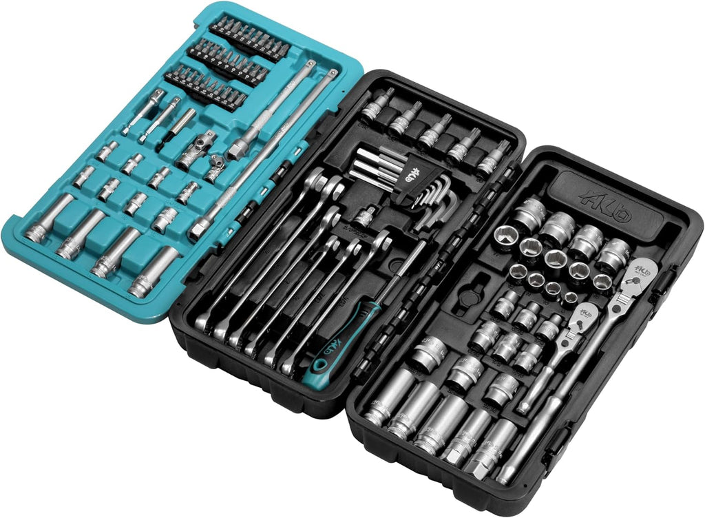 HB 100-Piece Socket Set AKX010-U, 90-Tooth Flex Head Ratchets 3/8'&1/4' Drive, Non-Slip Metric SAE Sockets, Deep & Standard, Impact Adapter, Wrenches, Torx Hex Bits, Tri-Fold Case, Made in Taiwan