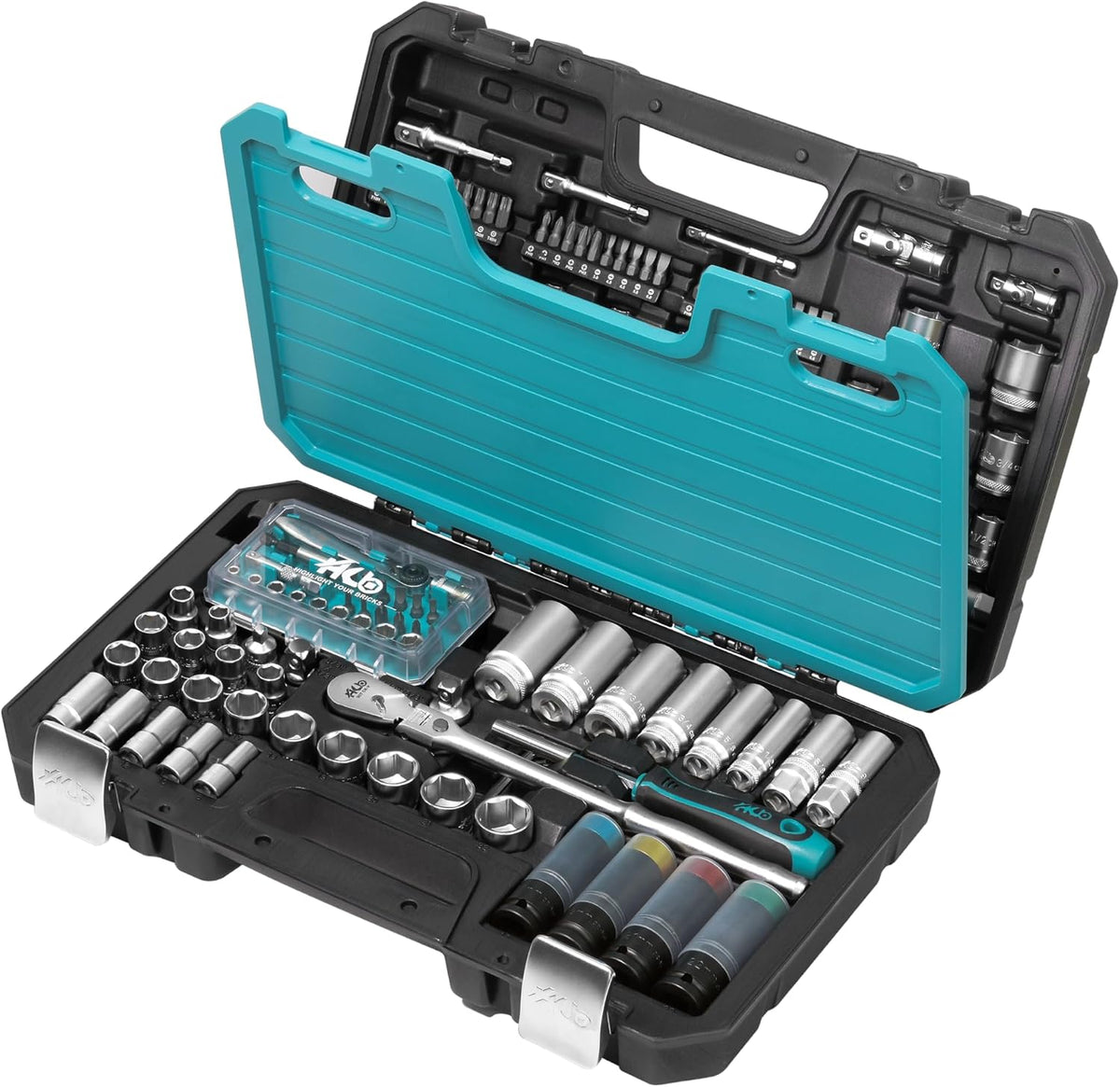 HB 123-Piece Socket Set AKX008-U, 90T Flex Head Ratchet 3/8', 72T Stubby Ratchet 1/4', Dual Drive Breaker Bar, Metric & SAE Non-Slip Deep & Semi-Deep Impact Sockets, Chrome Vanadium, Made in Taiwan