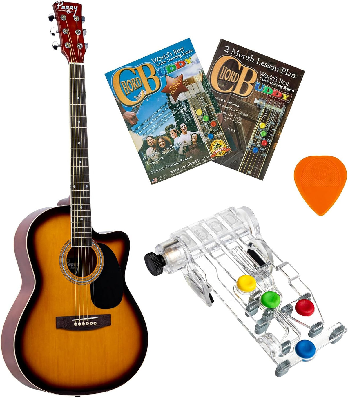 ChordBuddy 38' Perry Youth Cutaway Acoustic Guitar Combo Beginner Set with Tobacco Burst Guitar and Chord Learning System