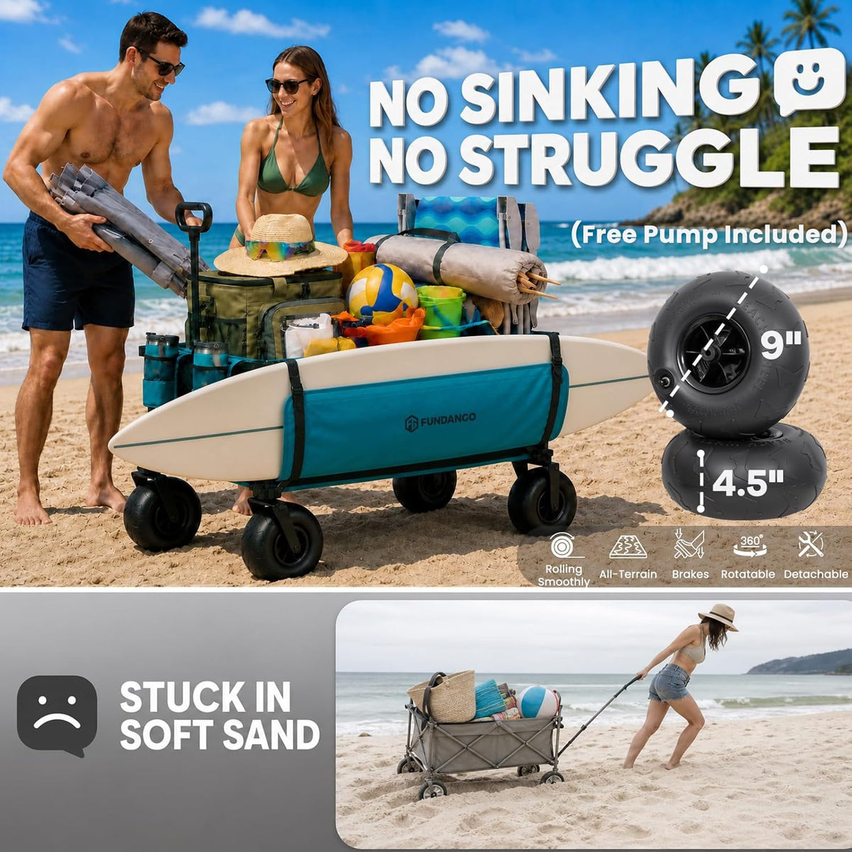FUNDANGO Heavy Duty Beach Wagon with 9' Big Sand-Proof Wheels, 300L Large Beach Wagons with Balloon Wheel, Folding Collapsible All Terrian Cart with Side Pockets for Sports, Camping, Pump Included