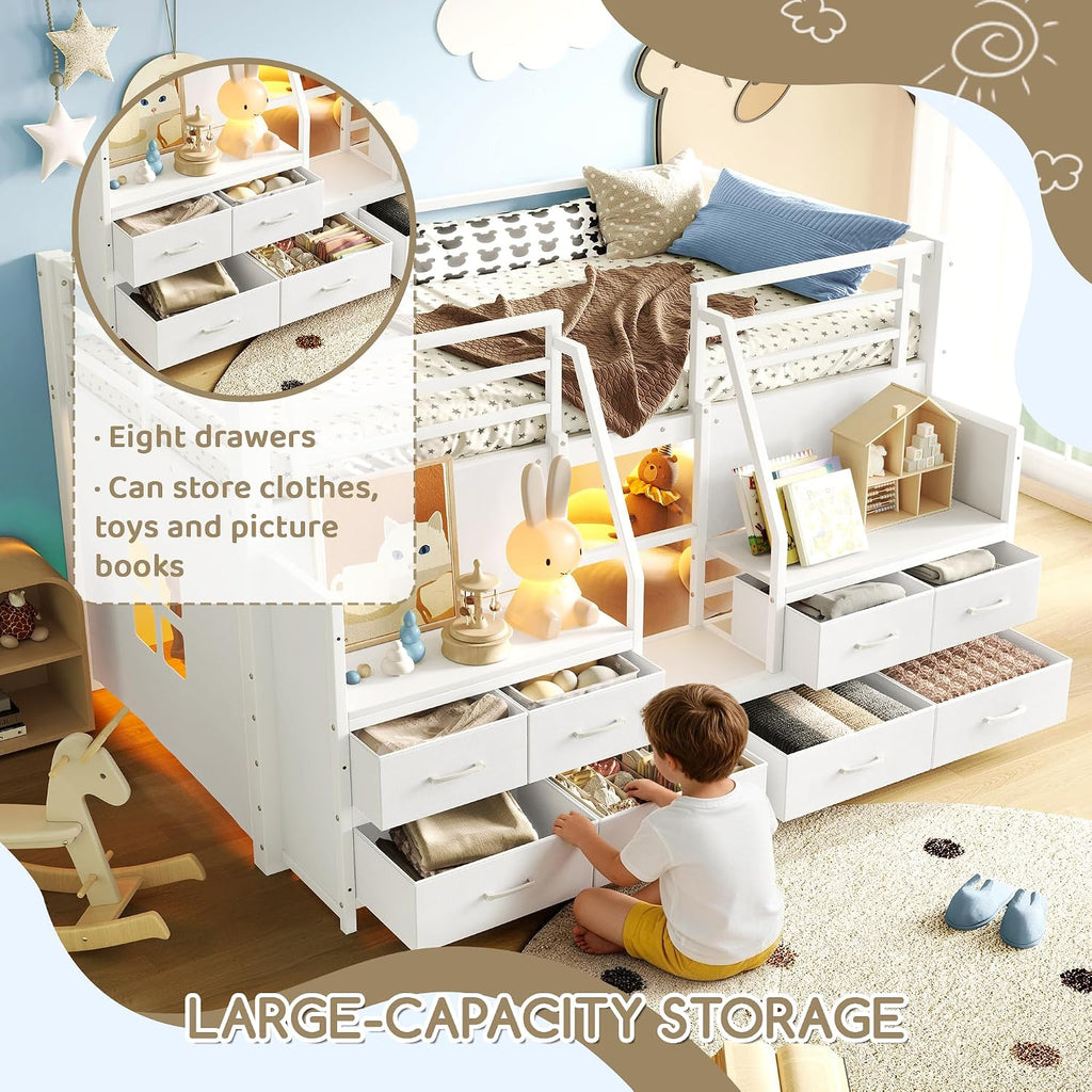 Metal Low Loft Bed with 8 Drawers & Storage Shelves, Heavy Duty Loft Bed Frame with LED Light, Playhouse Bed for Kids, Boys & Girls, White