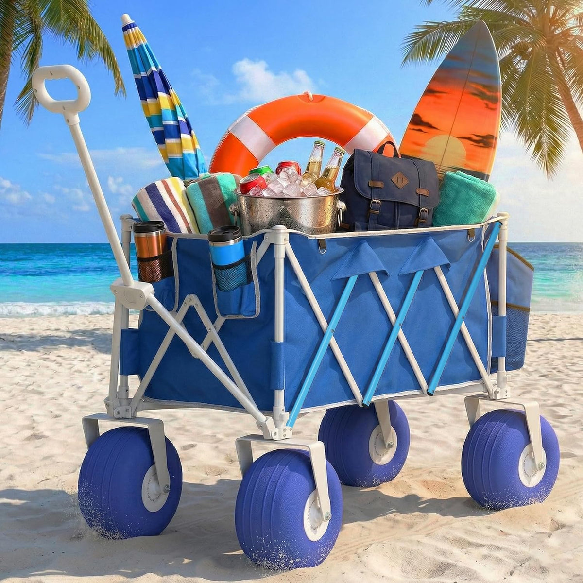 Beach Wagon with Big Wheels for Sand, Heavy Duty 350lbs Folding Beach Wagon with 10.5' All-Terrain Inflatable Wheels, Utility Cart for Camping, Outdoor Shopping, Garden & Sports, Includes Air Pump