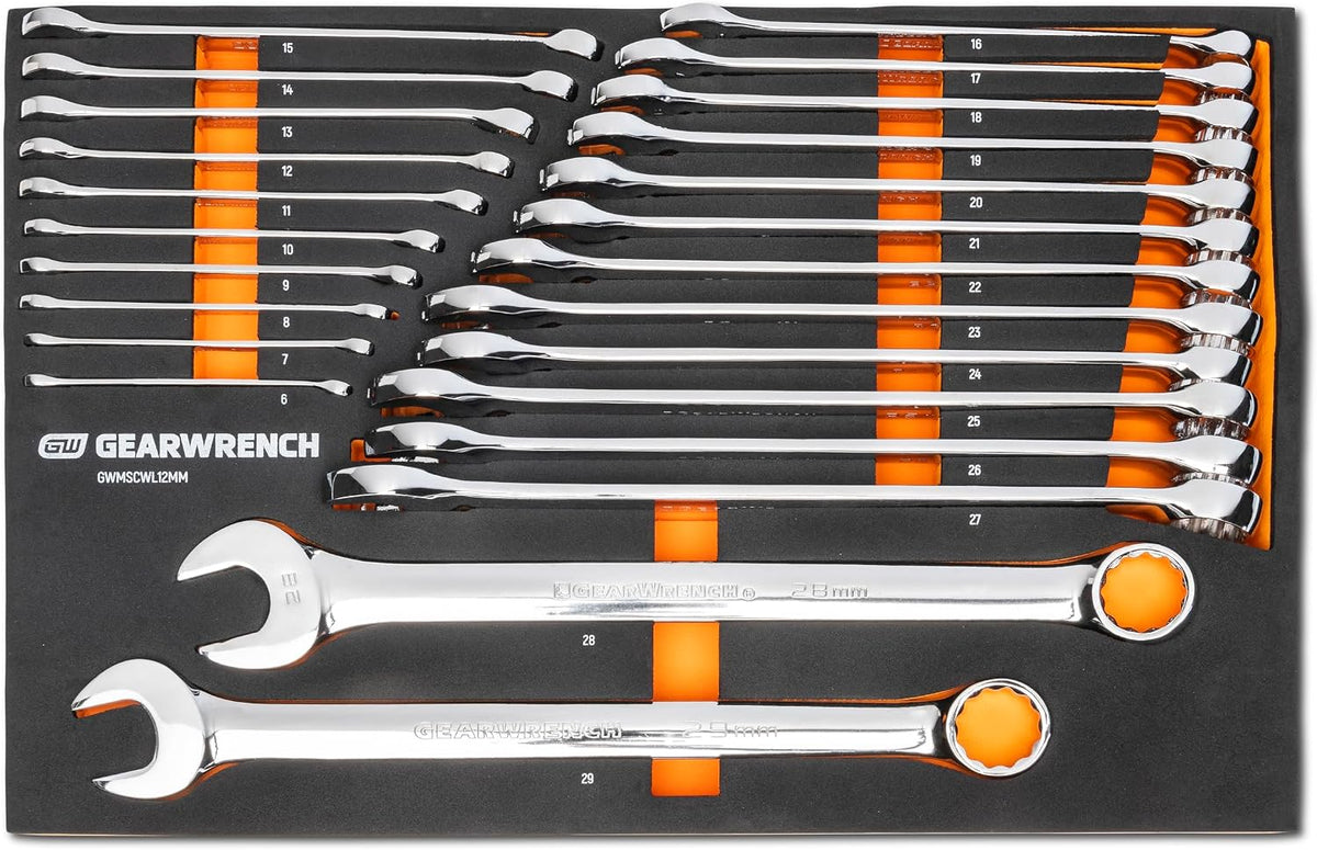 GEARWRENCH 24 Piece 12 Point Long Pattern Combination Metric Wrench Set in Foam Storage Tray - GWMSCWL12MM